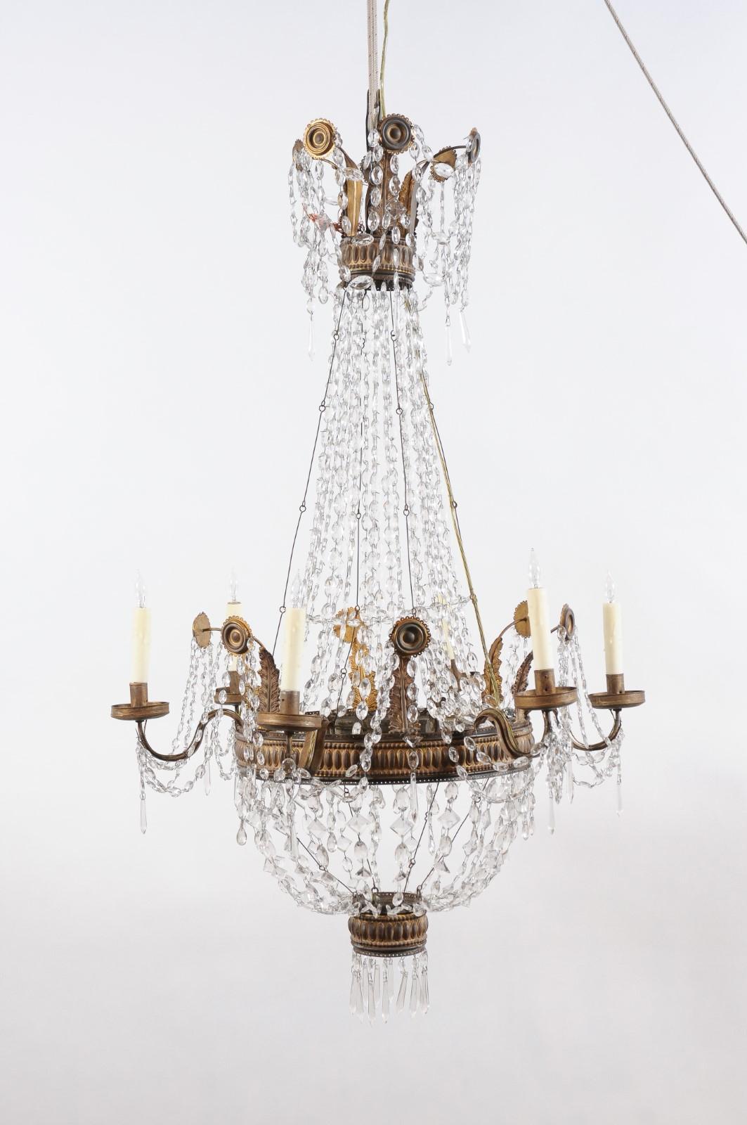 Neoclassical Gilt Metal Chandelier featuring Greek Key Design with Crystal In Fair Condition For Sale In Atlanta, GA