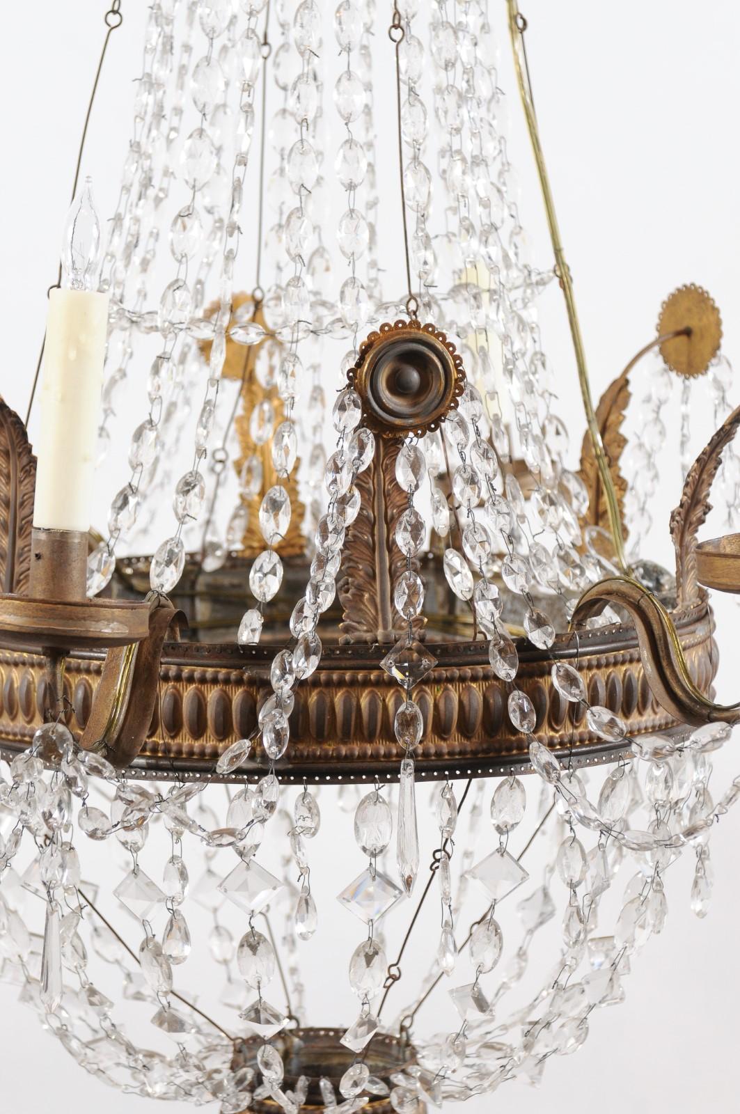 Neoclassical Gilt Metal Chandelier featuring Greek Key Design with Crystal For Sale 1
