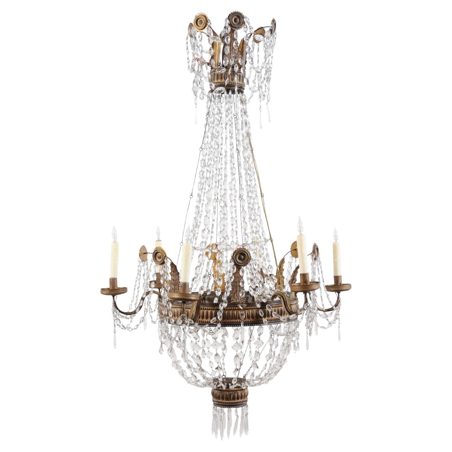 Neoclassical Gilt Metal Chandelier featuring Greek Key Design with Crystal For Sale