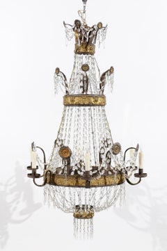 Neoclassical Gilt Metal Greek Key Design and Crystal Basket 6-Light Chandelier