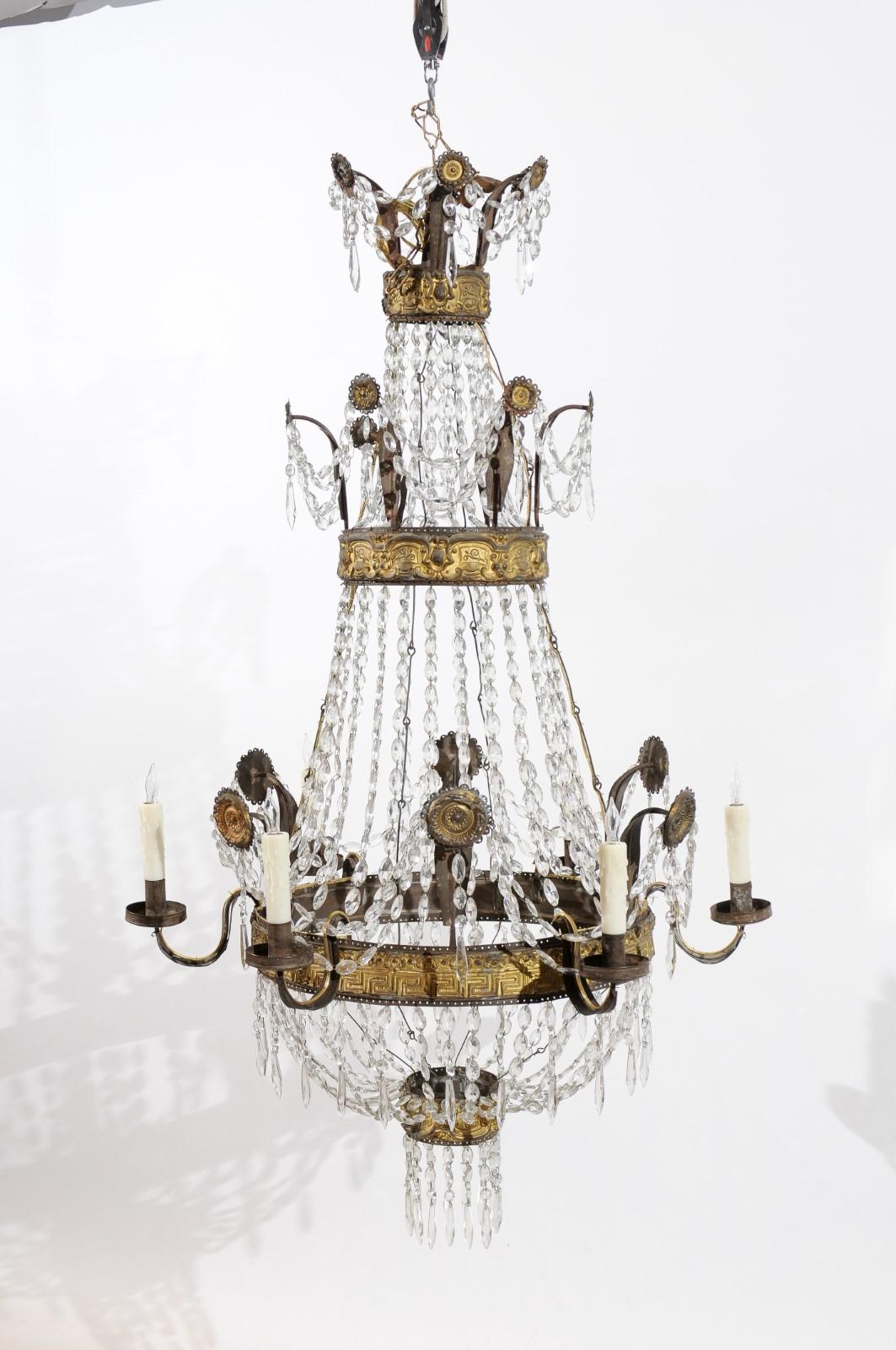 Italian Neoclassical Gilt Metal Greek Key Design and Crystal Basket 6-Light Chandelier For Sale