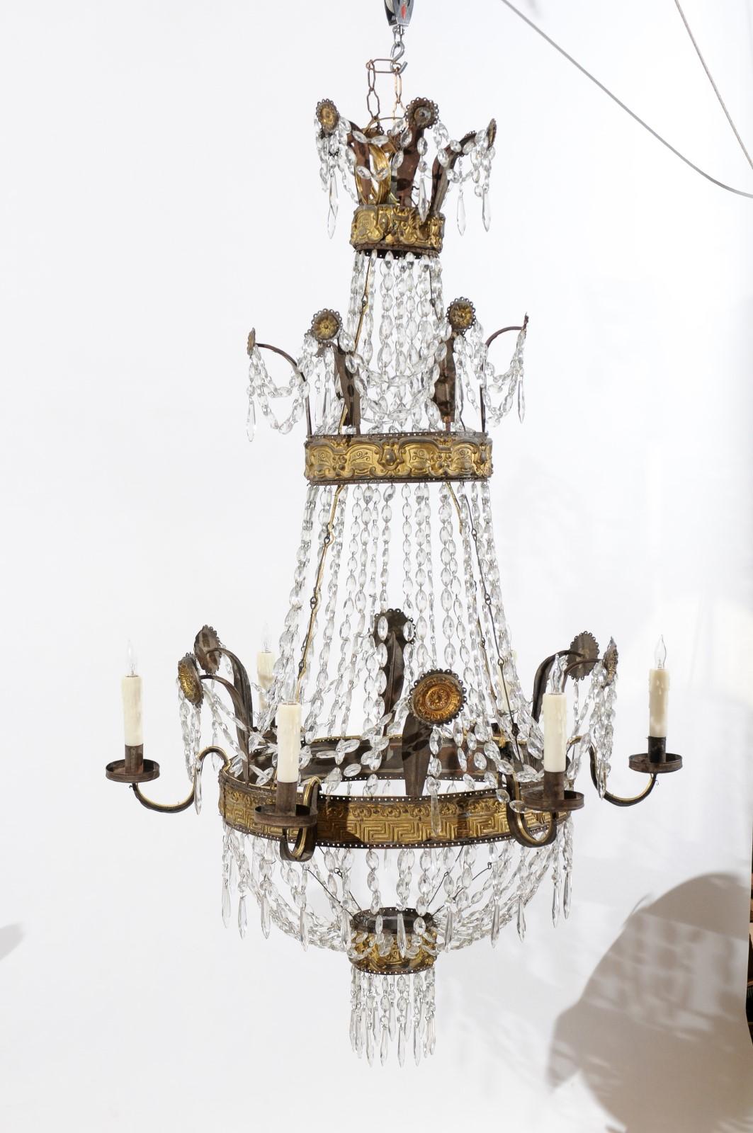 Neoclassical Gilt Metal Greek Key Design and Crystal Basket 6-Light Chandelier In Good Condition For Sale In Atlanta, GA