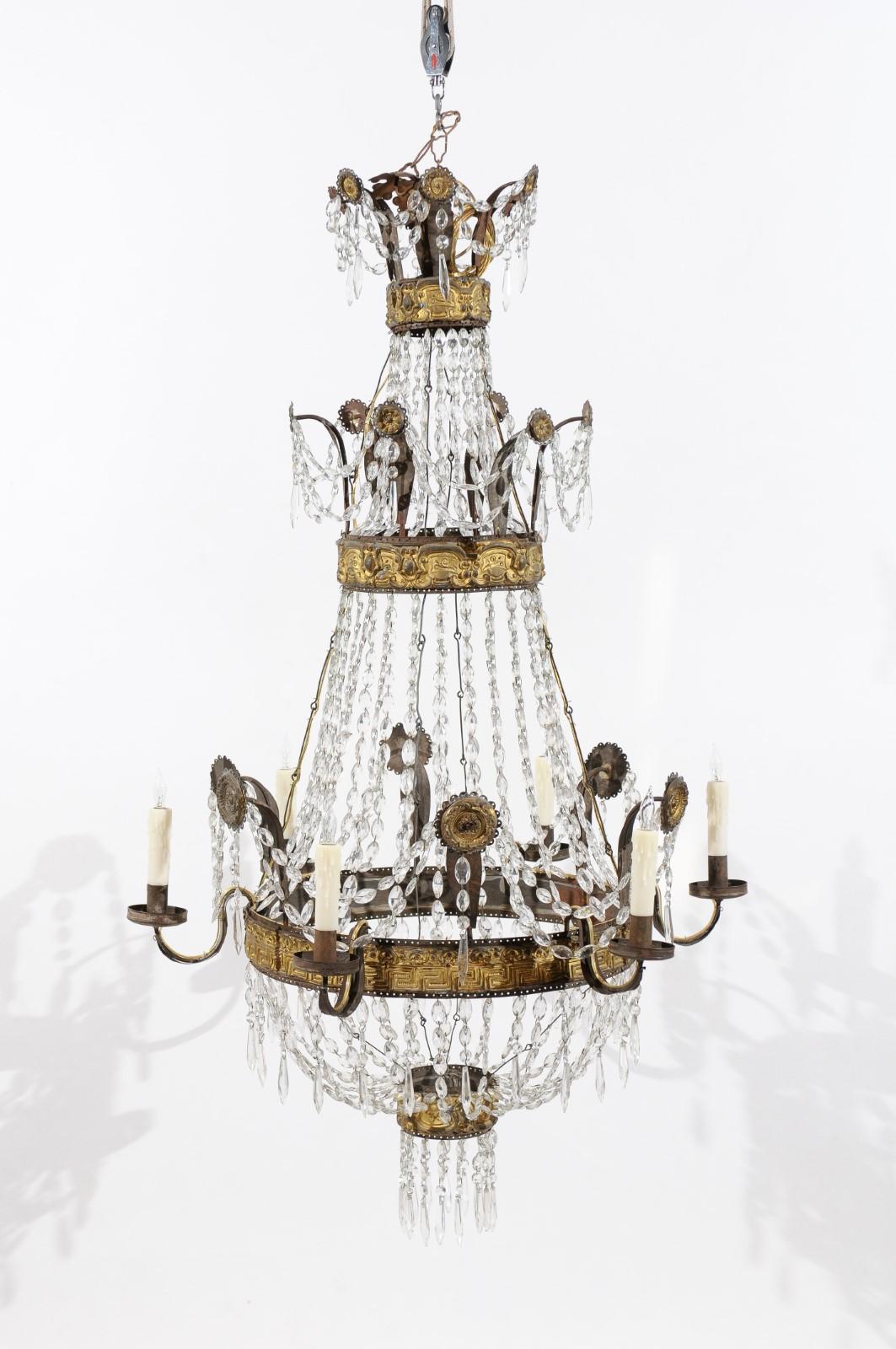 18th Century Neoclassical Gilt Metal Greek Key Design and Crystal Basket 6-Light Chandelier For Sale