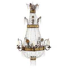 Lustre à 6 lumières néoclassique en métal doré:: motif de clé grecque et panier en cristal