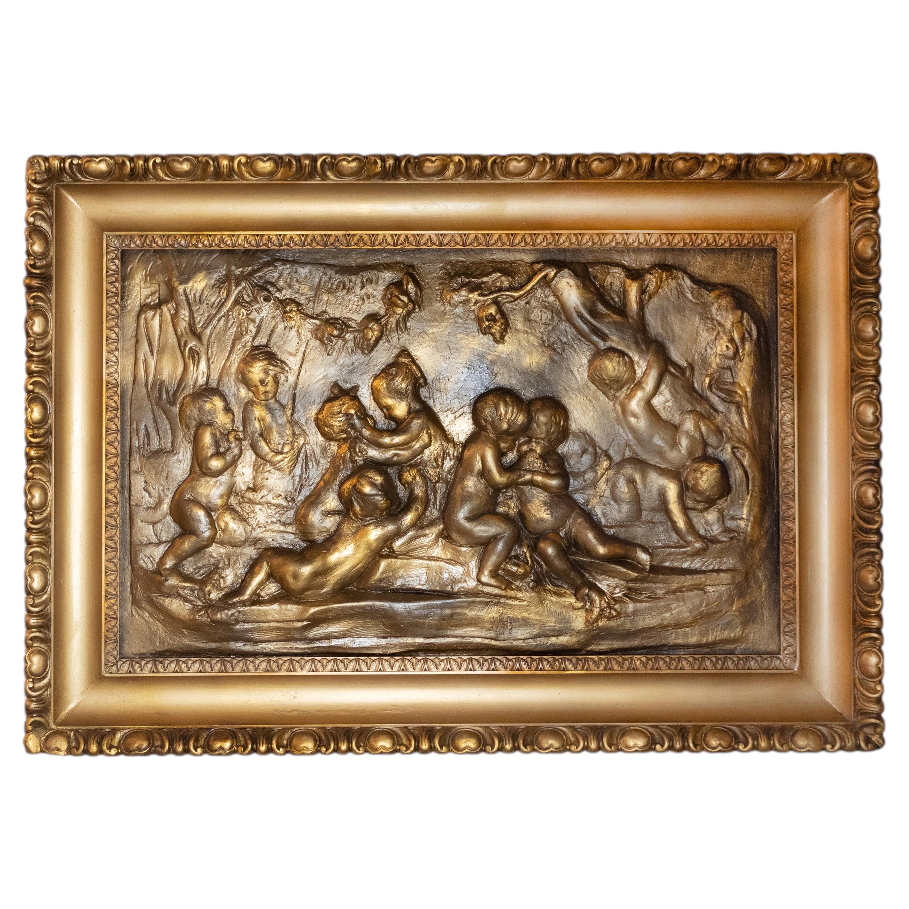 Neoclassical Gilt Terracotta Cherub Relief Panel, 19th Century For Sale