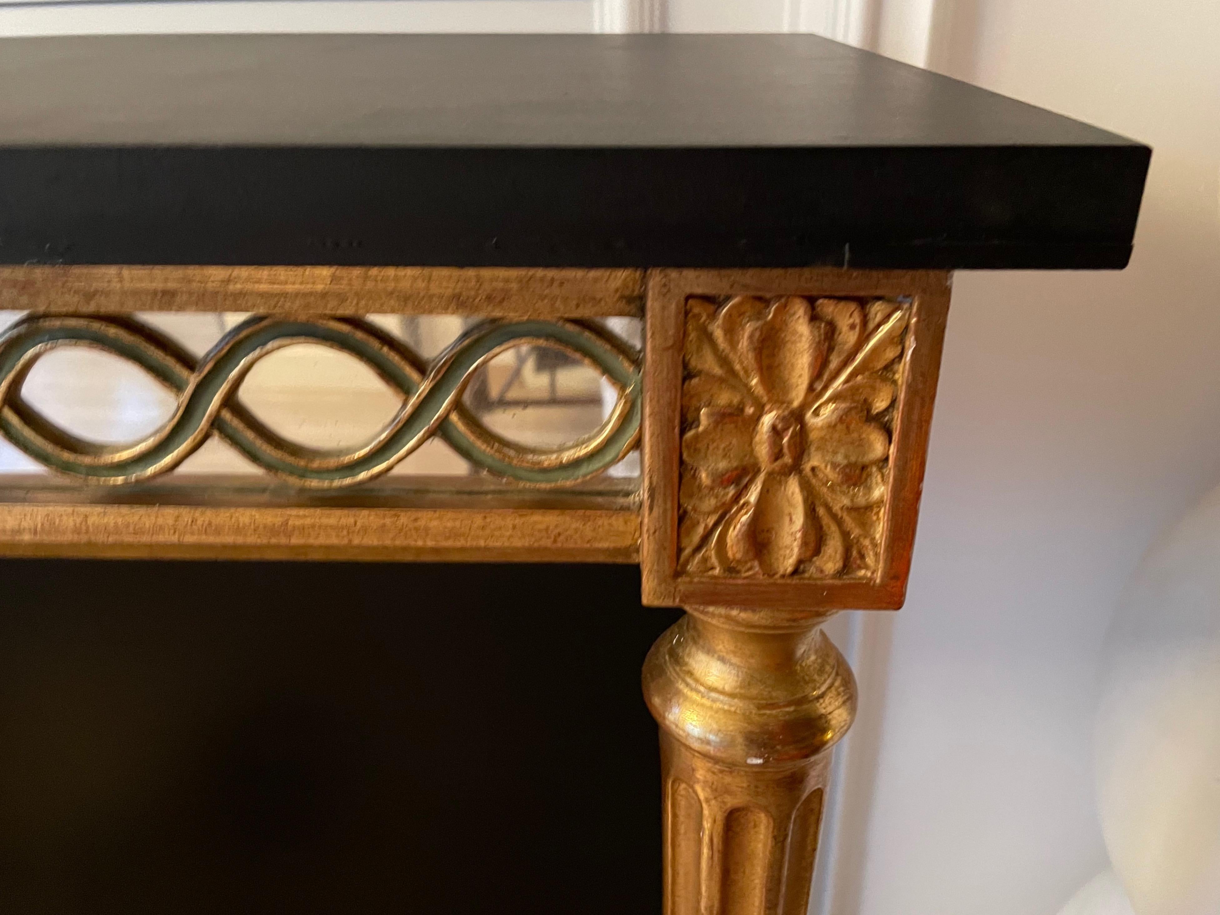 Lacquered Neoclassical Gilt Wood Console Table with Mirror and Wood Top, Paris 1950 For Sale
