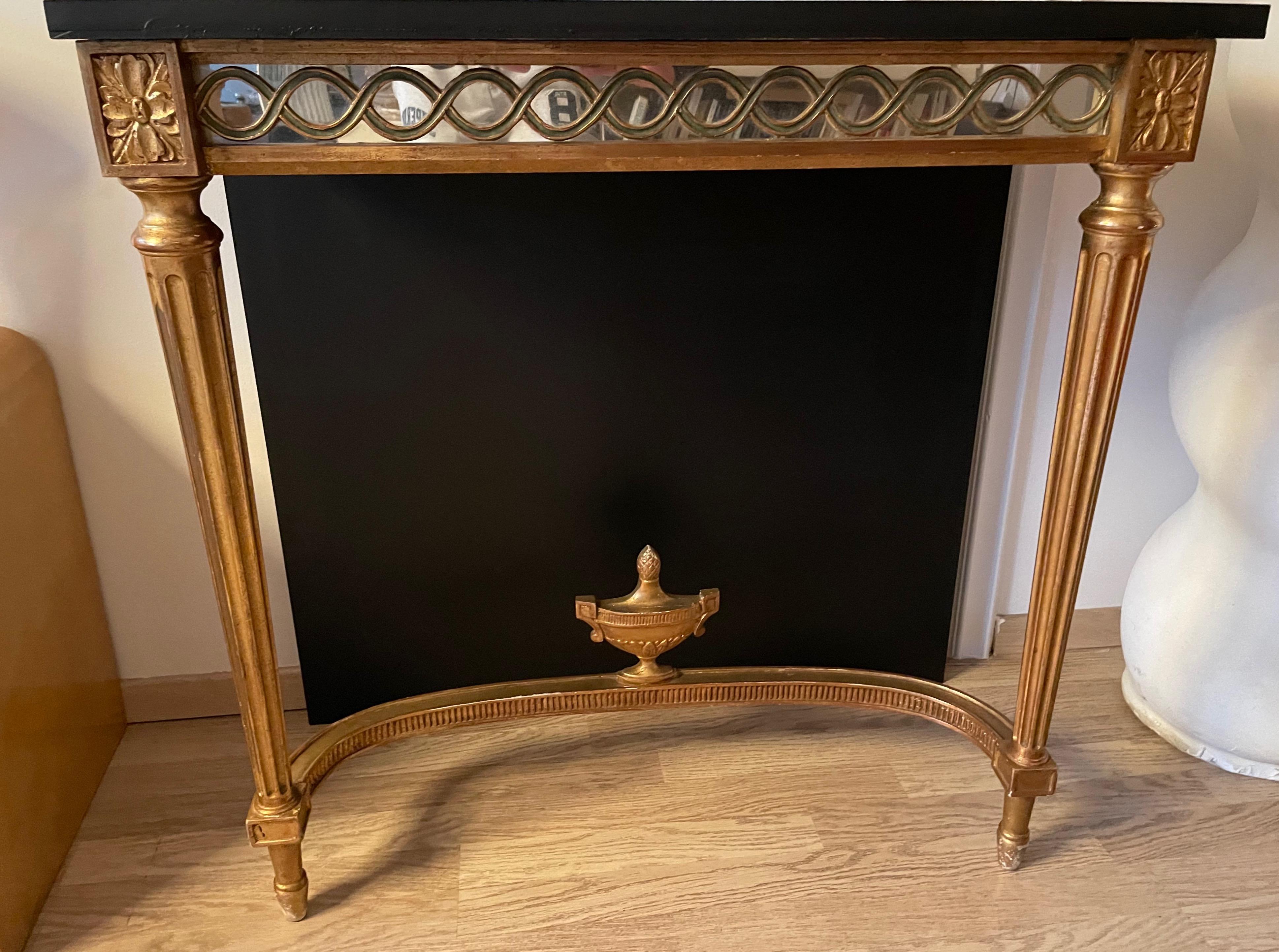 Neoclassical Gilt Wood Console Table with Mirror and Wood Top, Paris 1950 For Sale 1