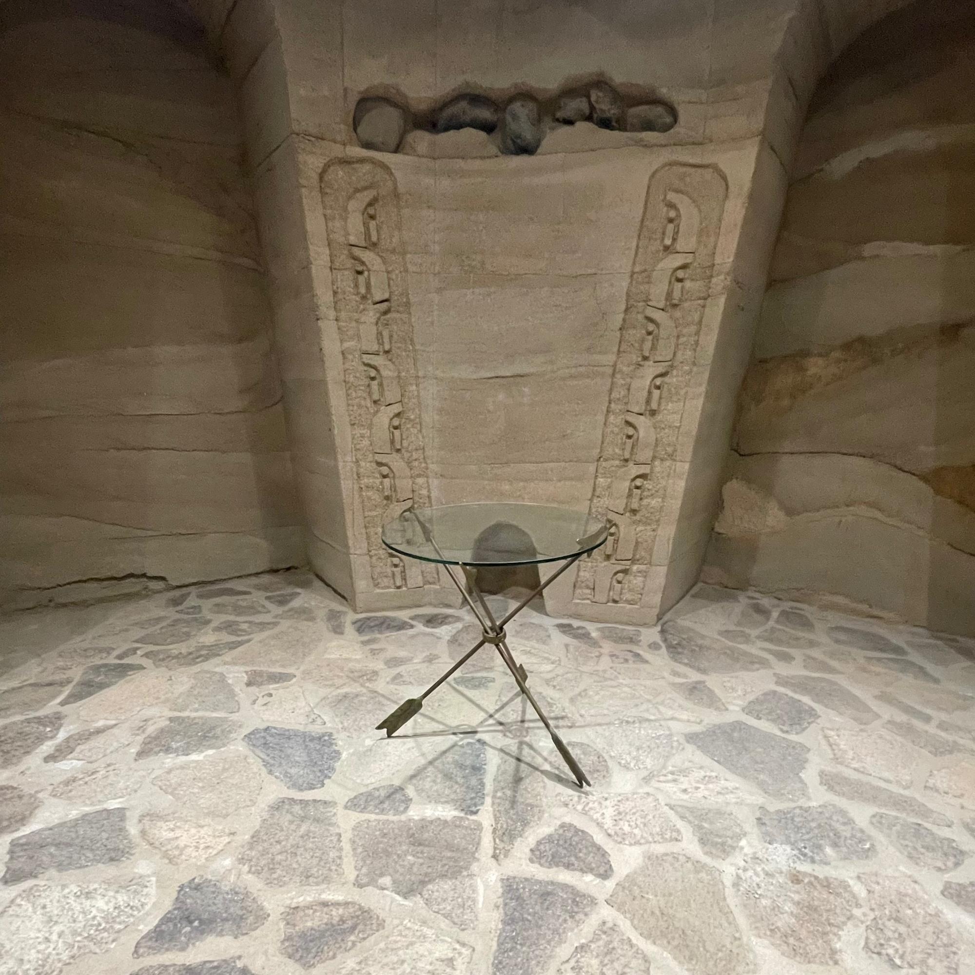 Mid-Century Modern Neoclassical Glamor Martini Cocktail Side Table Tripod Arrow Base Bronze & Glass