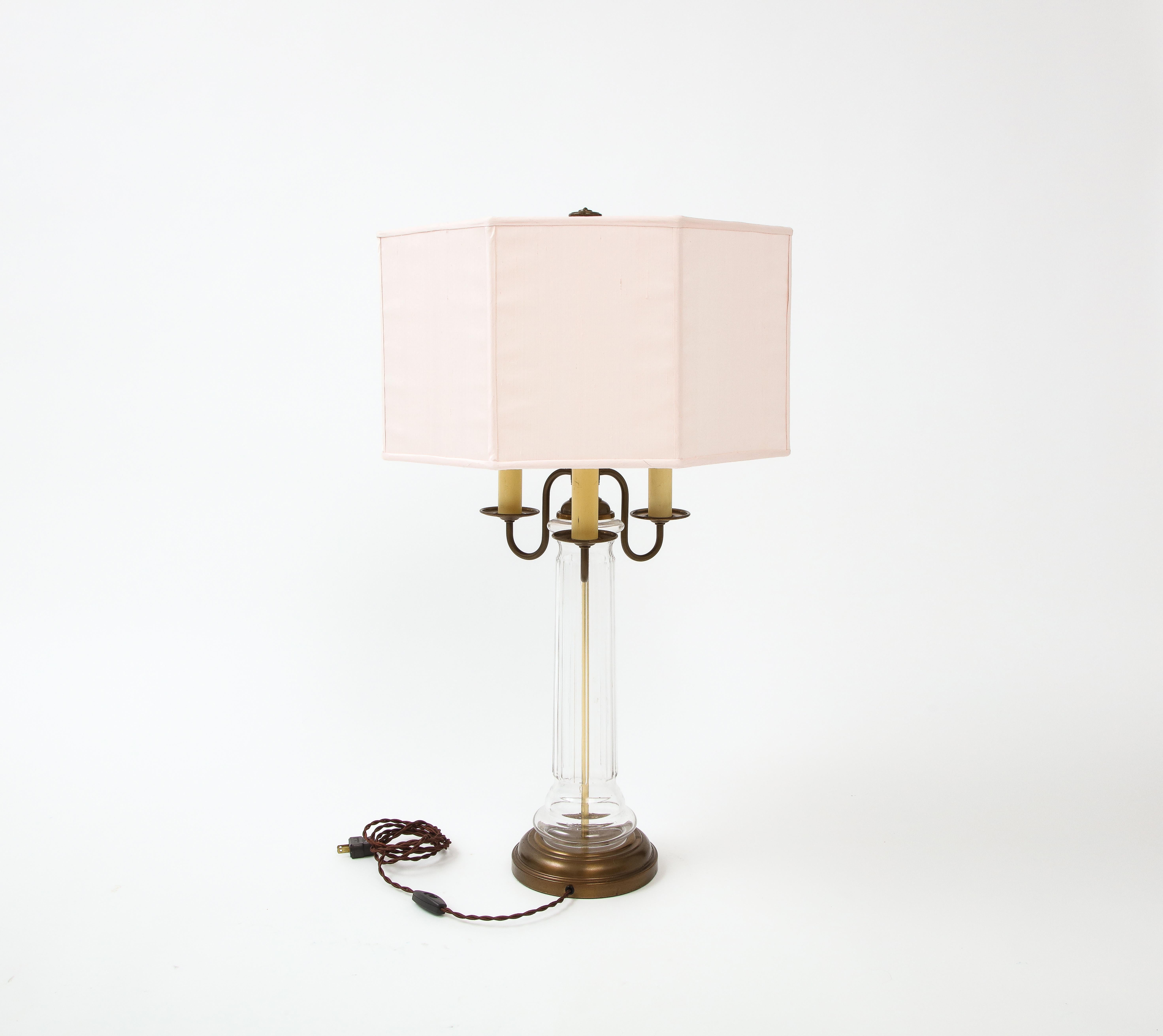 Neoclassical Glass and Brass Lamps with Pink Silk Shades, France, 1960's 6