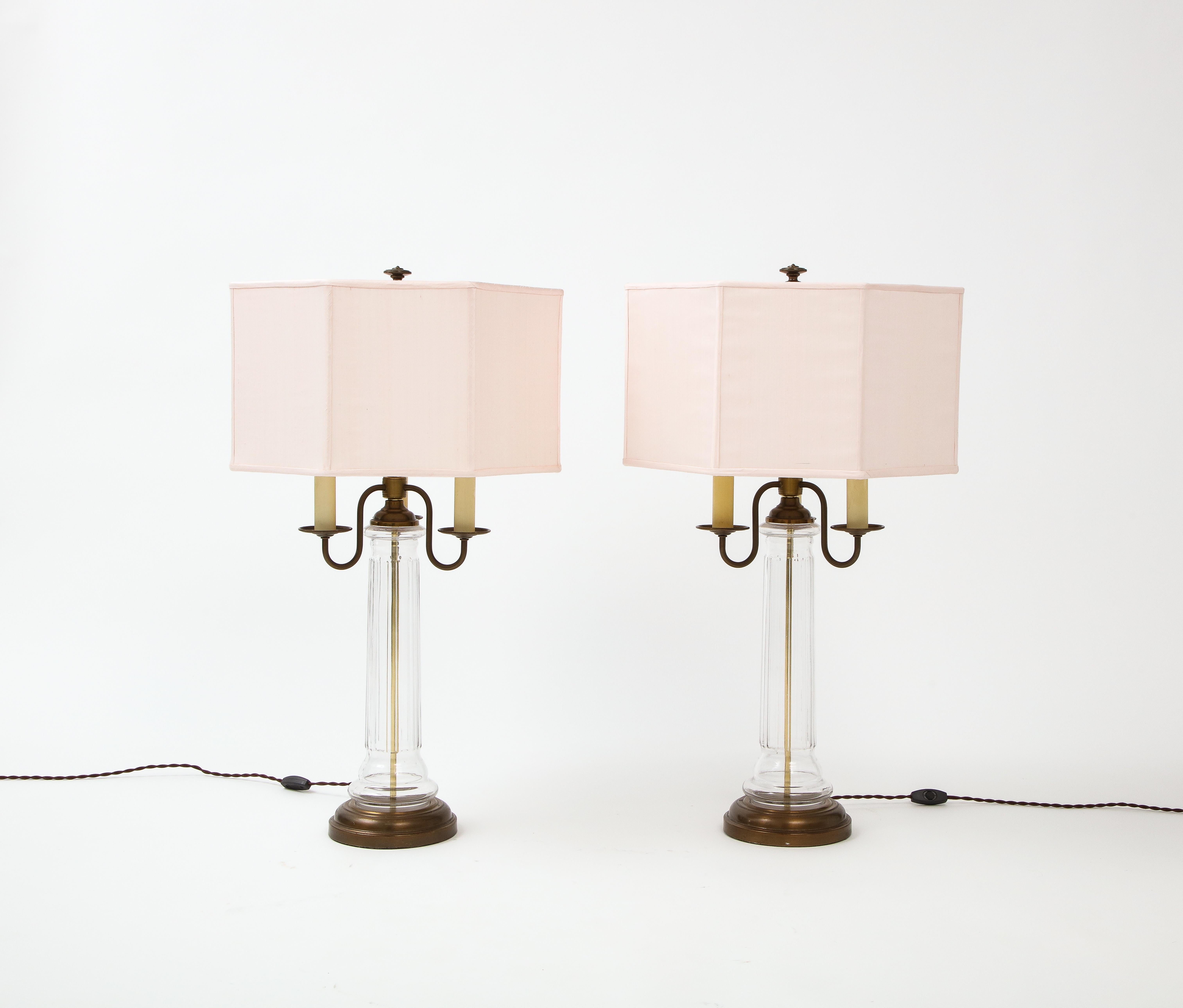 Neoclassical Glass and Brass Lamps with Pink Silk Shades, France, 1960's 8