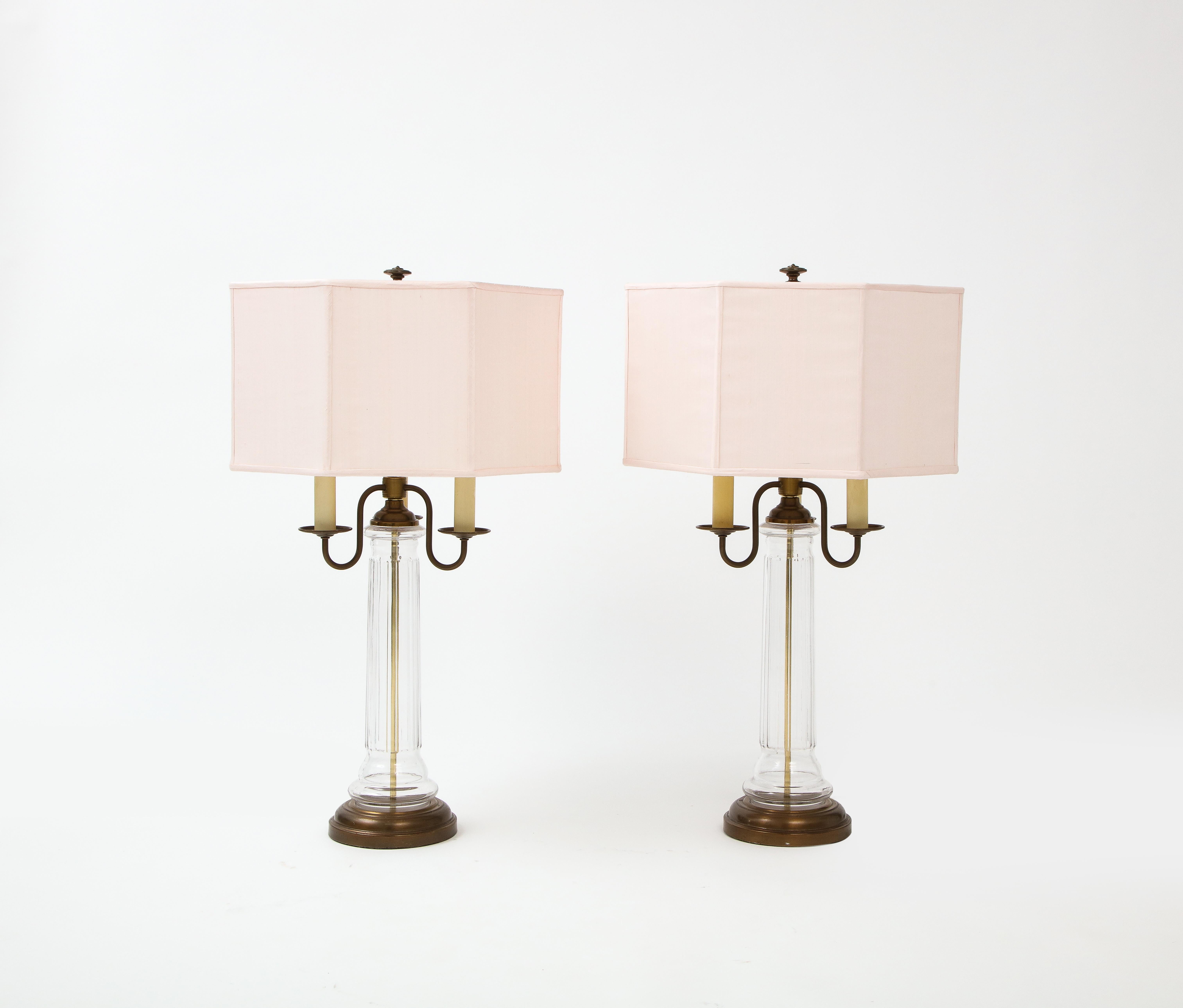 Neoclassical Glass and Brass Lamps with Pink Silk Shades, France, 1960's 9