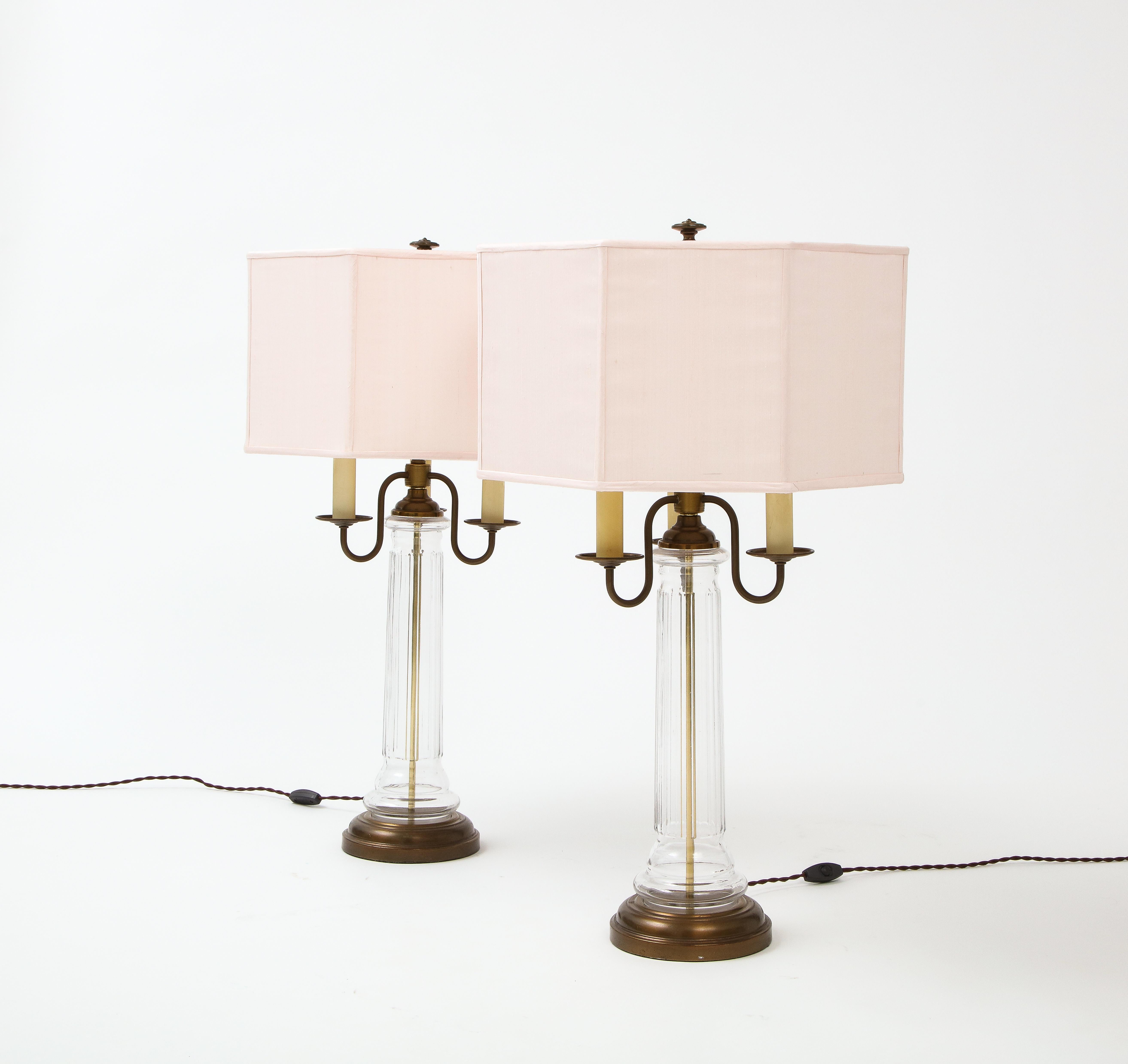 Neoclassical Glass and Brass Lamps with Pink Silk Shades, France, 1960's 10