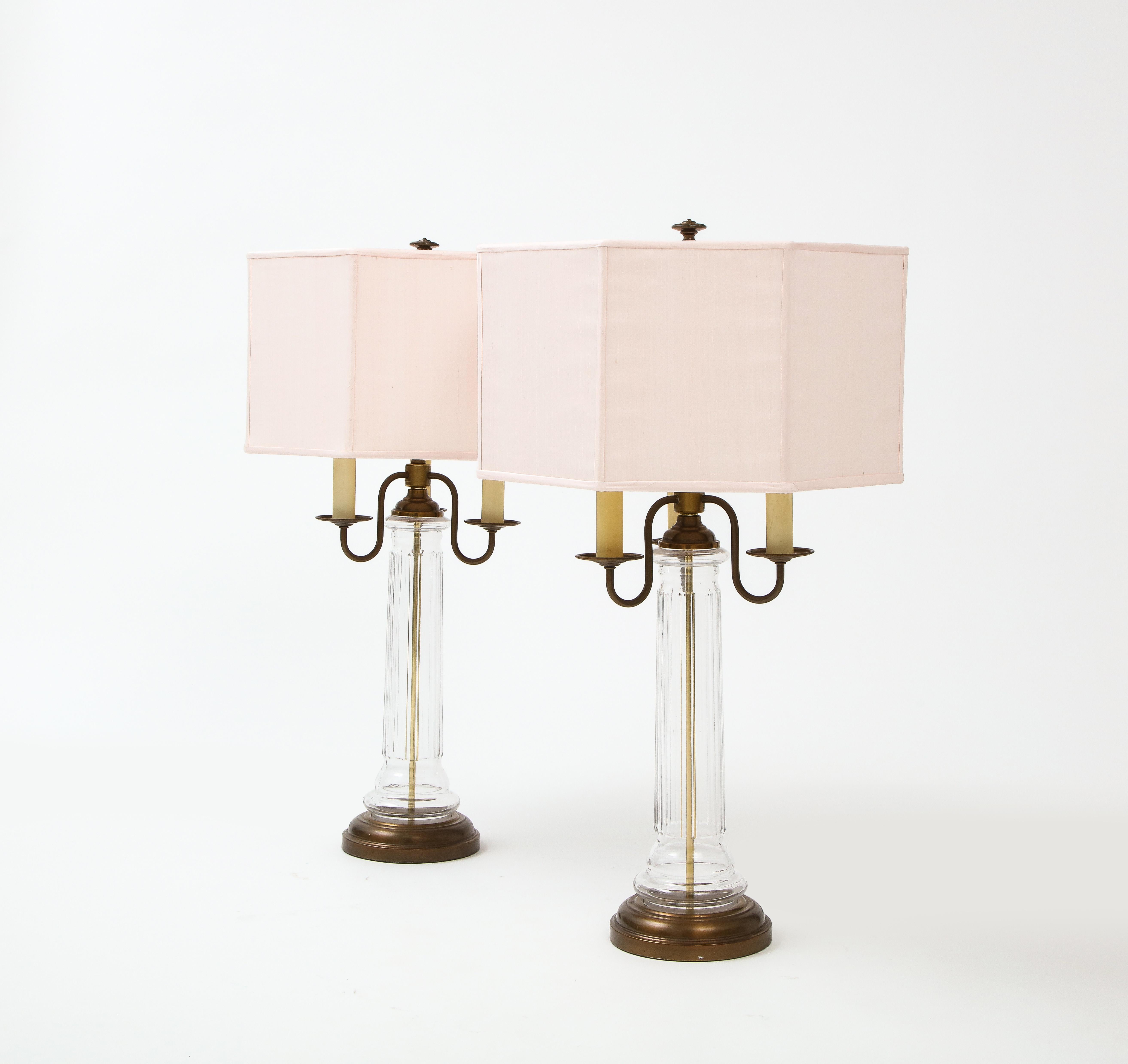 Neoclassical Glass and Brass Lamps with Pink Silk Shades, France, 1960's 11
