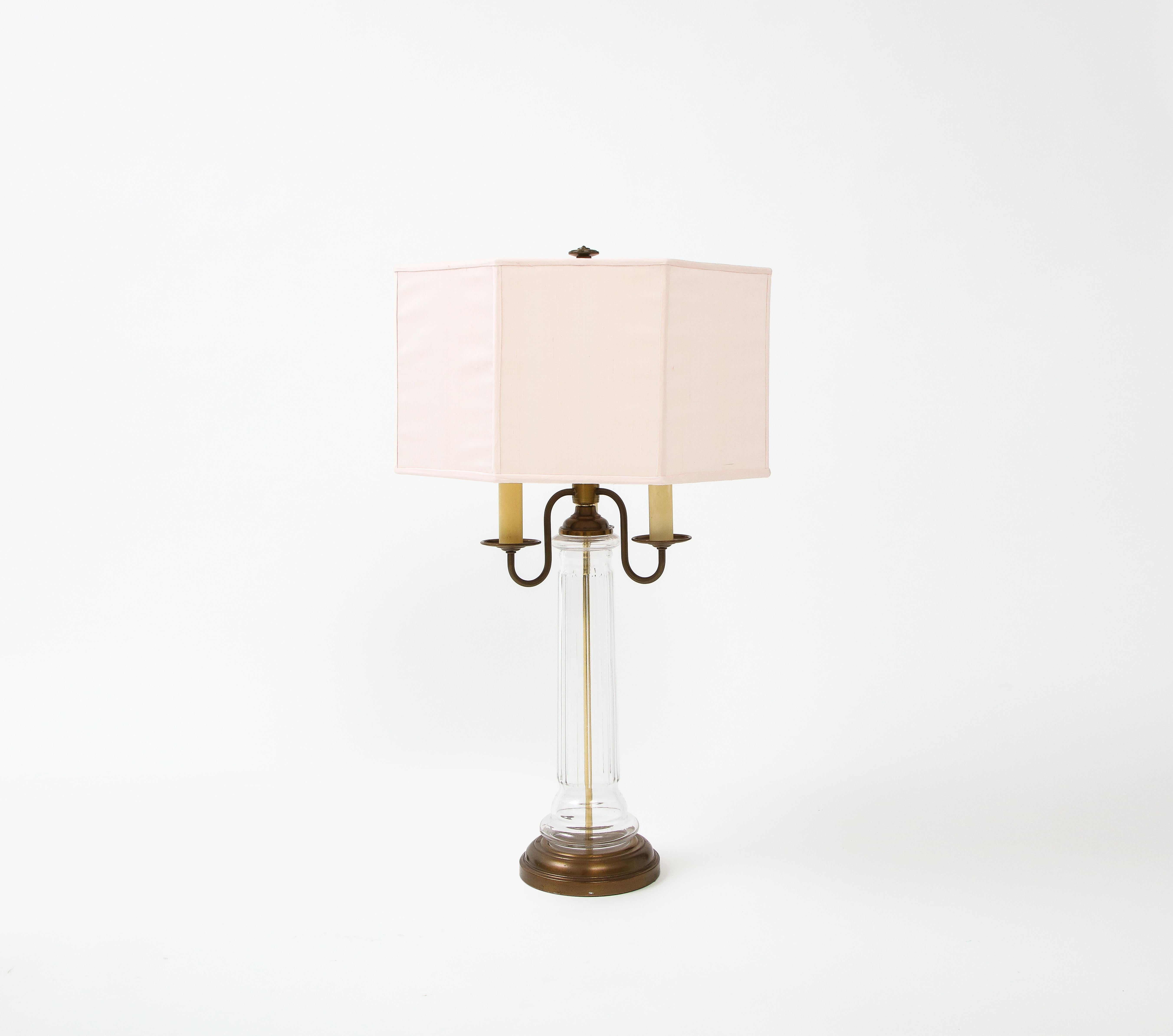 French Neoclassical Glass and Brass Lamps with Pink Silk Shades, France, 1960's