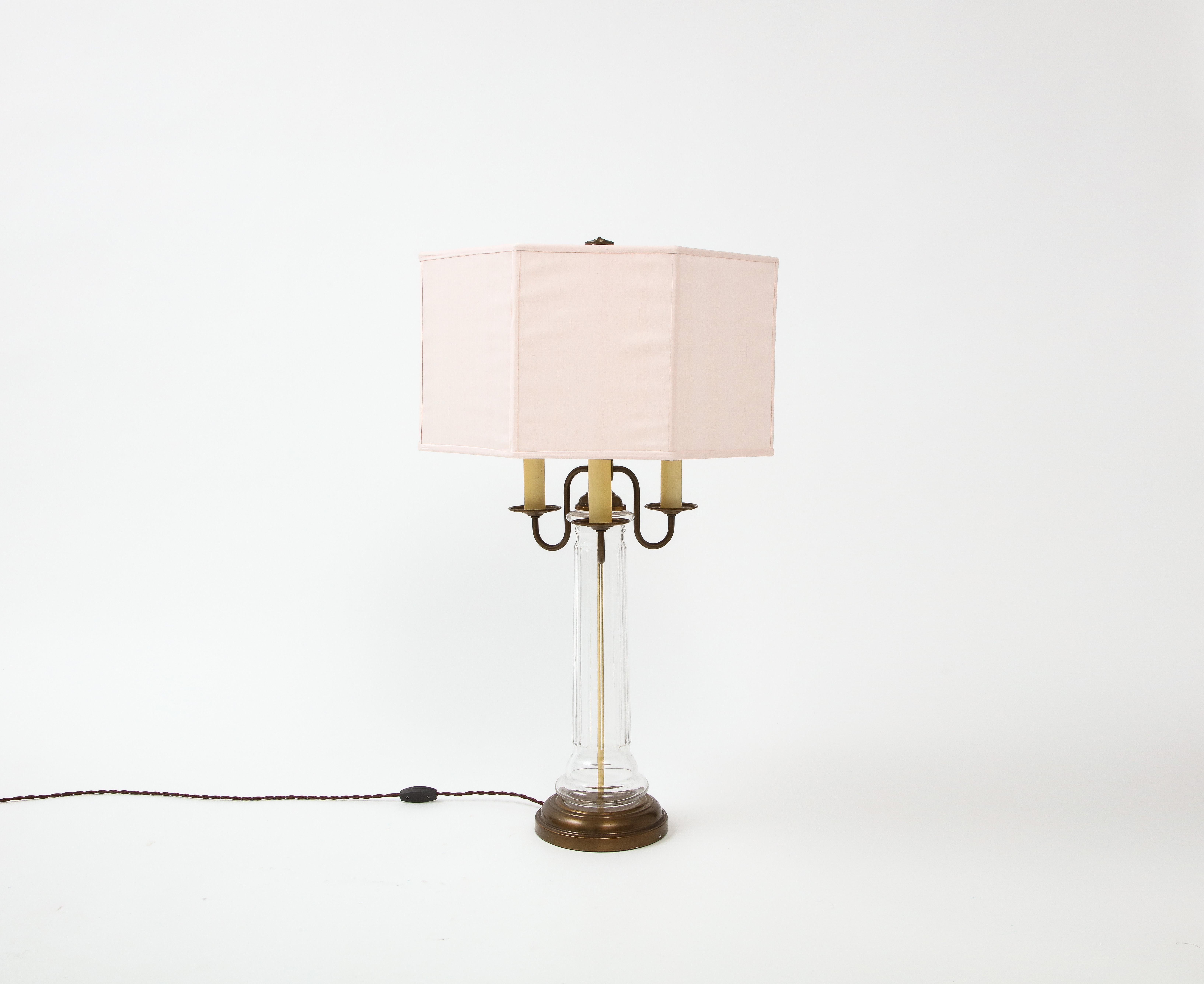 Neoclassical Glass and Brass Lamps with Pink Silk Shades, France, 1960's In Good Condition In New York, NY