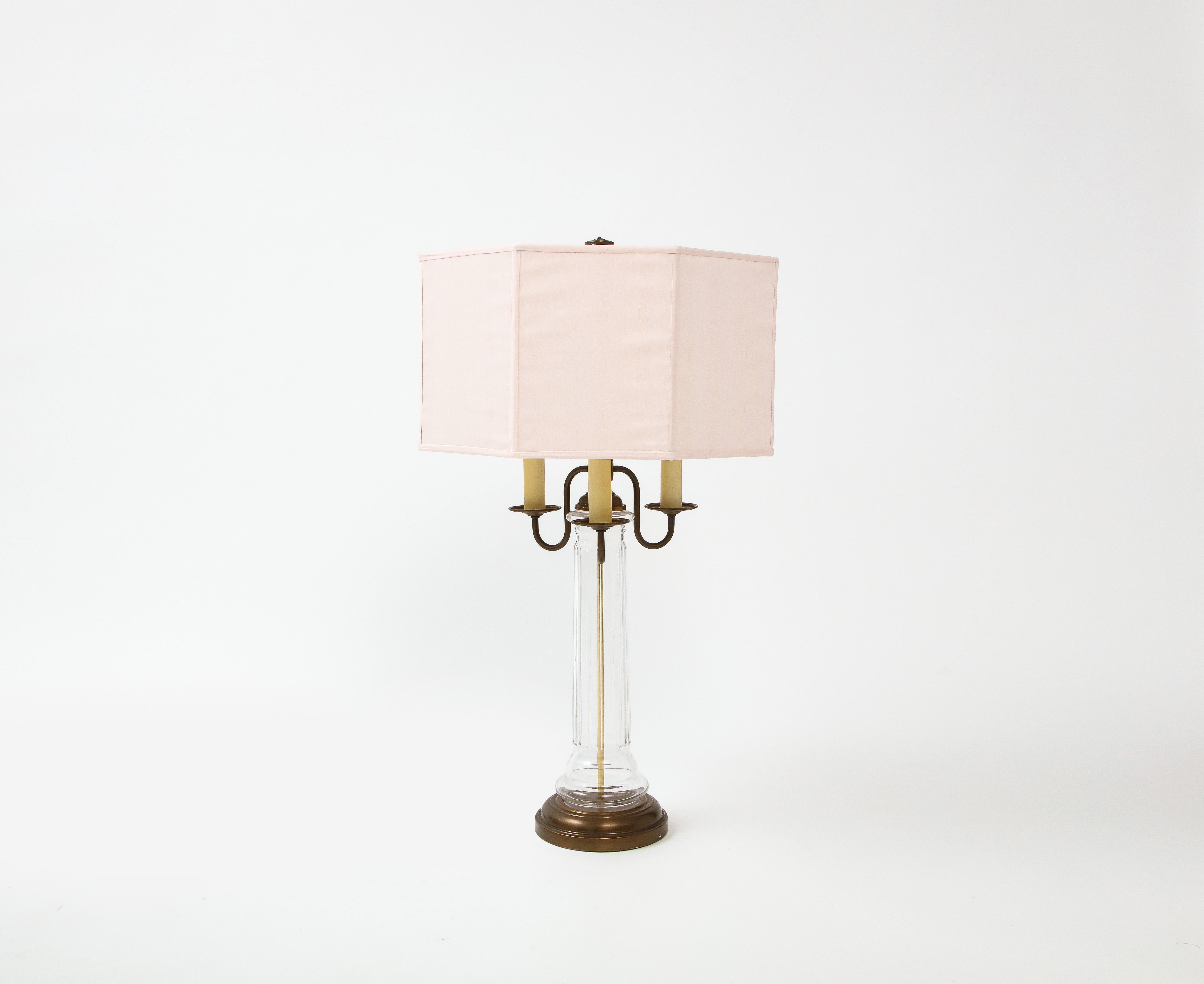 20th Century Neoclassical Glass and Brass Lamps with Pink Silk Shades, France, 1960's