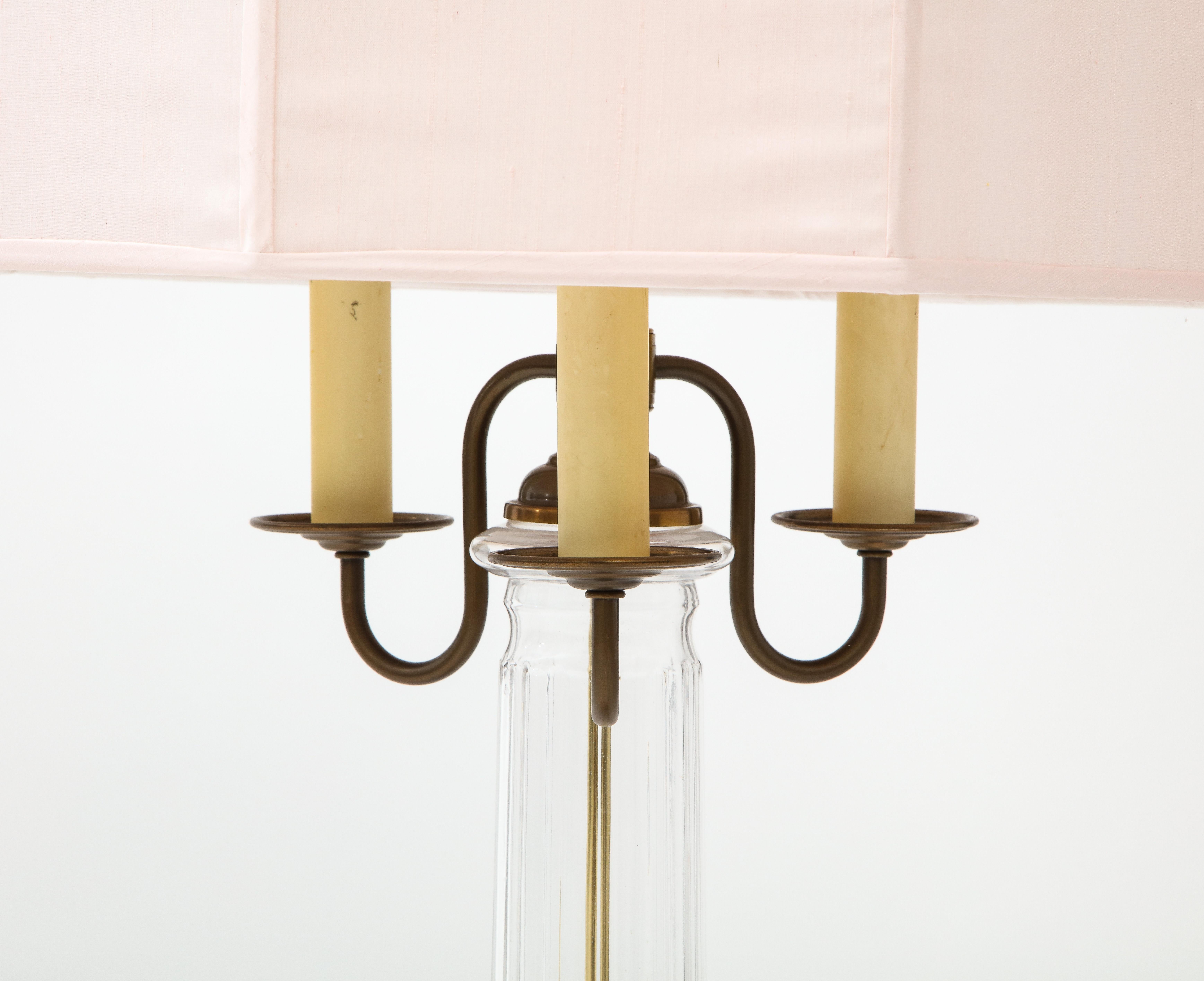 Neoclassical Glass and Brass Lamps with Pink Silk Shades, France, 1960's 2