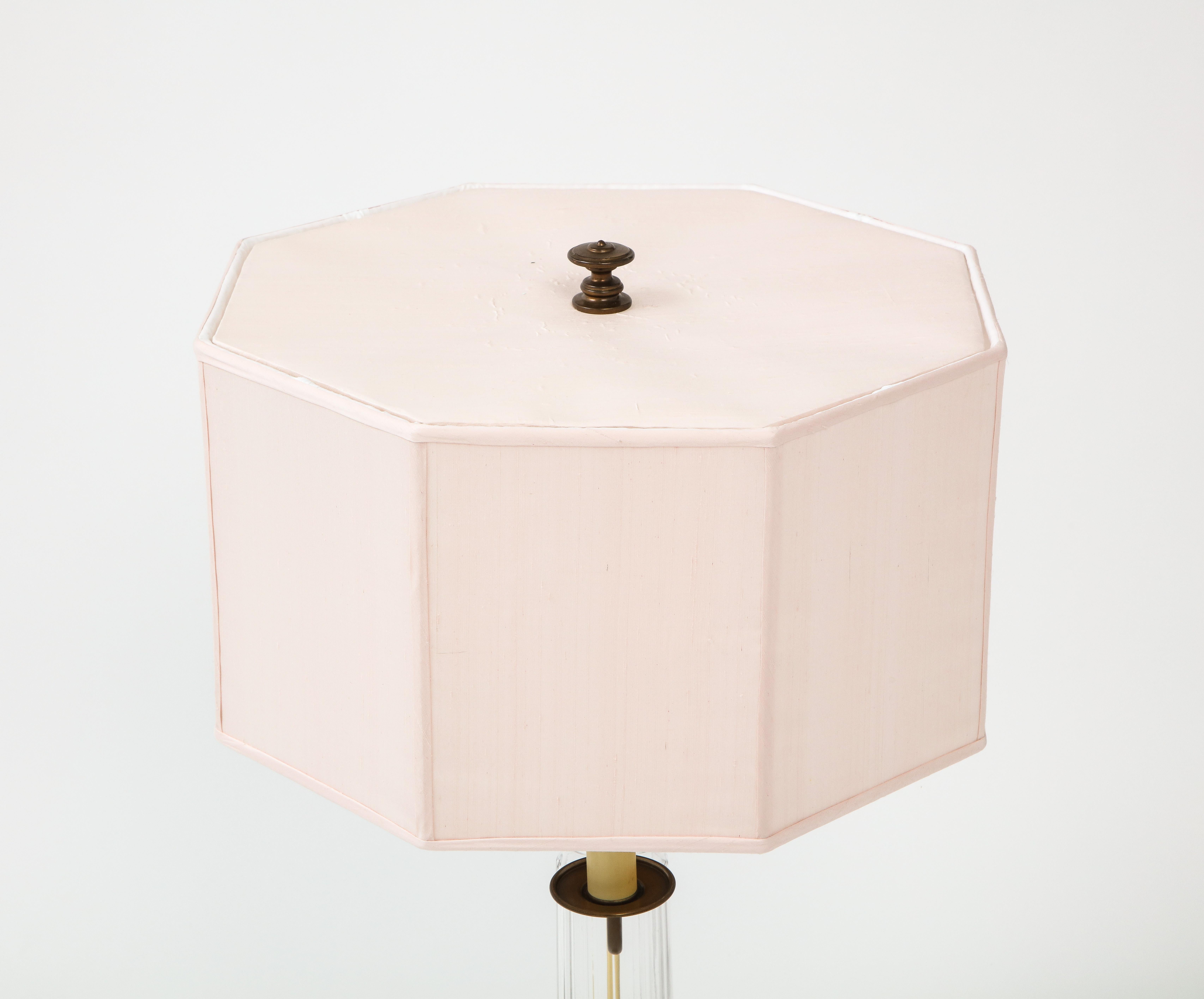 Neoclassical Glass and Brass Lamps with Pink Silk Shades, France, 1960's 3