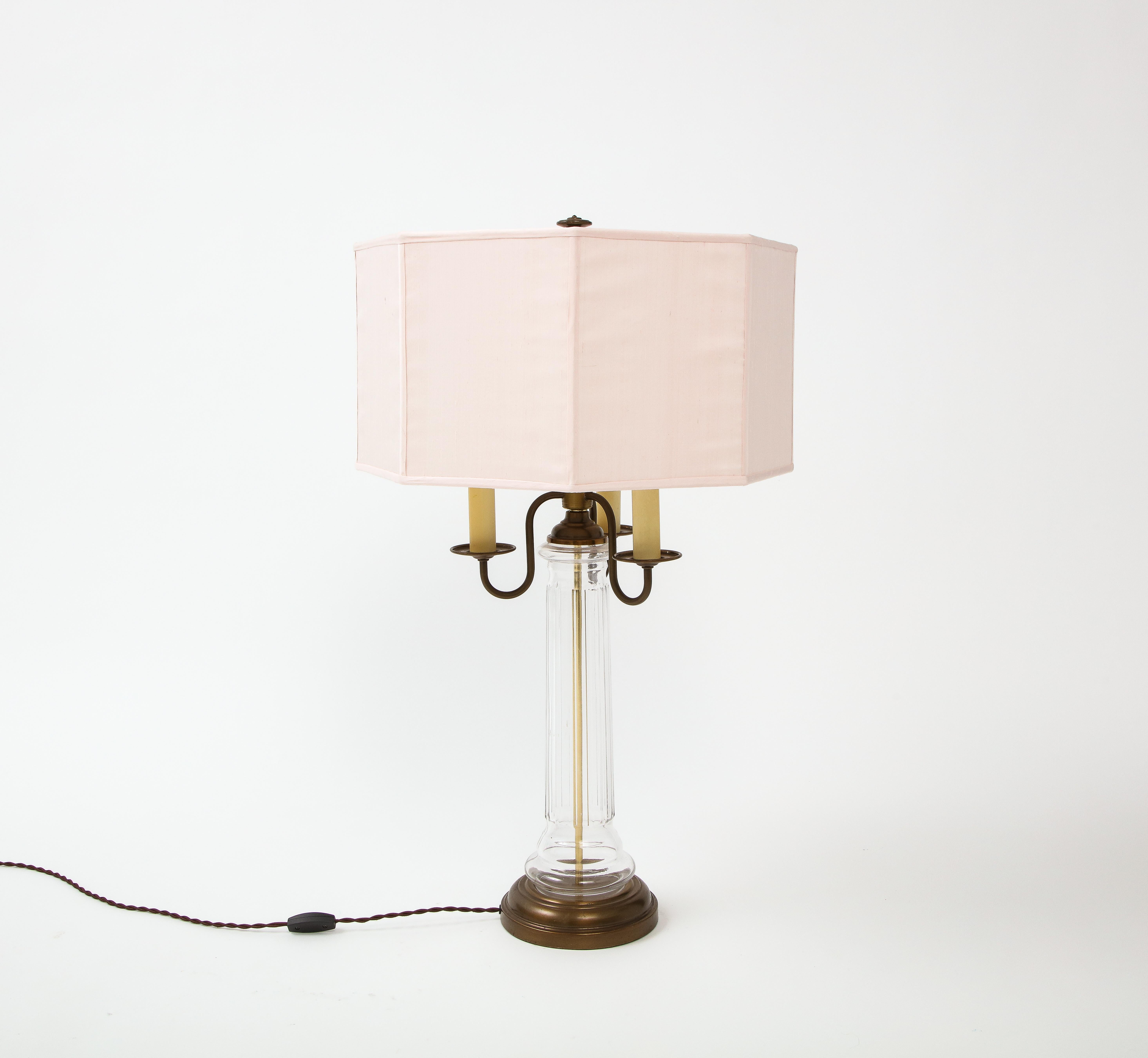 Neoclassical Glass and Brass Lamps with Pink Silk Shades, France, 1960's 4