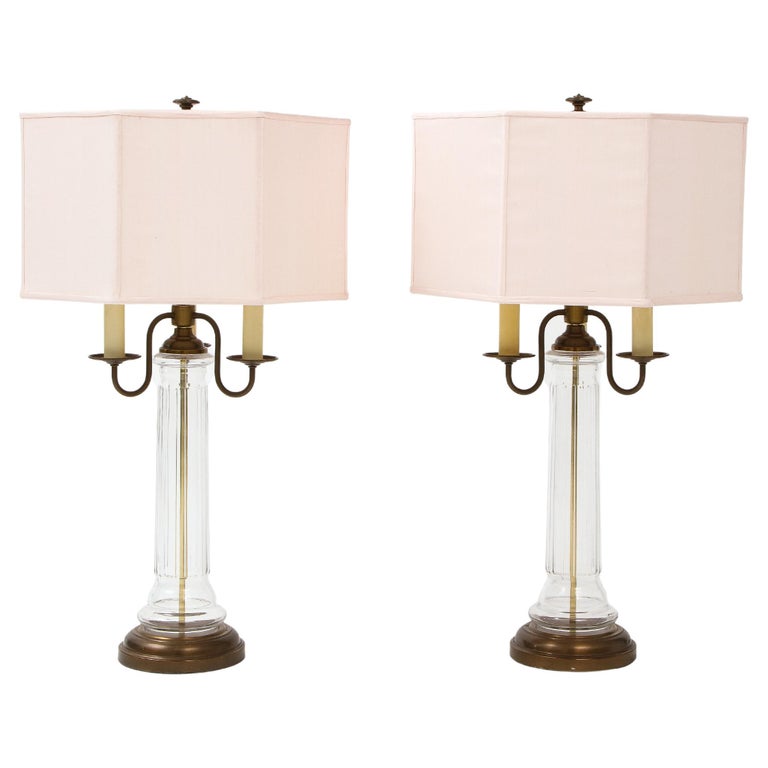 Neoclassical glass and brass lamps with pink silk shades, 1960s, offered by FERRER