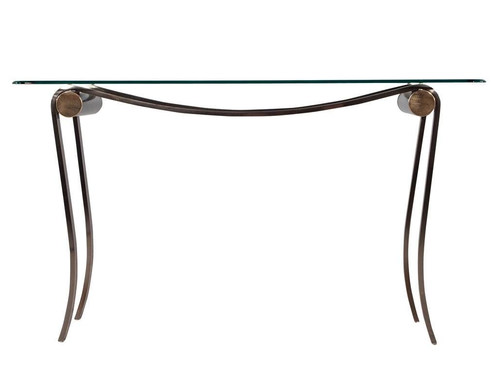 Metal Neoclassical Glass Top Chrome Base Console Table