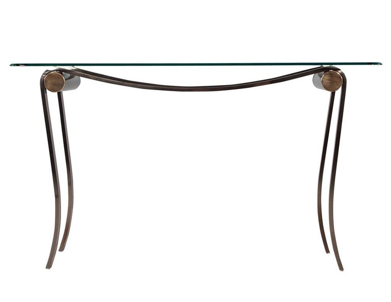 Metal Neoclassical Glass Top Chrome Base Console Table For Sale