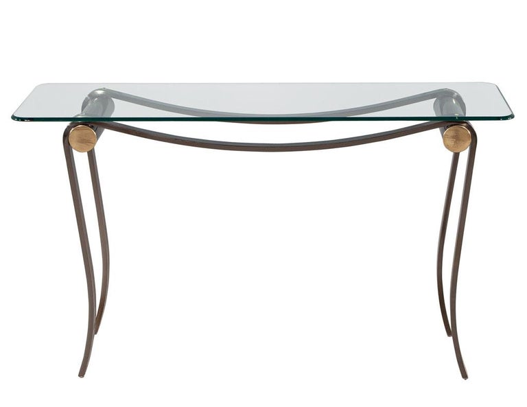 Neoclassical Glass Top Chrome Base Console Table For Sale 2