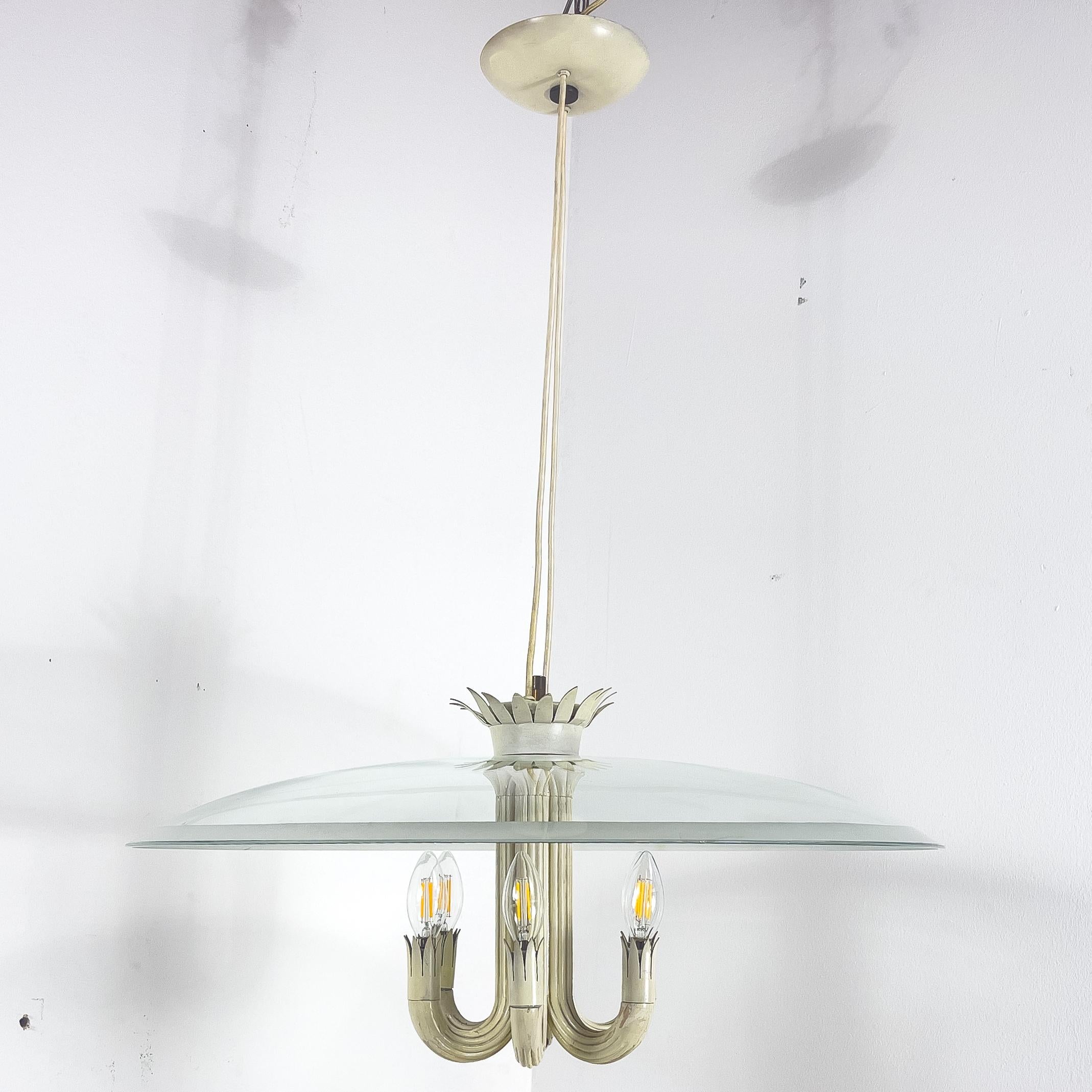 Neoclassical Glass Wood Chandelier by Pietro Chiesa for Fontana Arte Italy 1930s For Sale 3