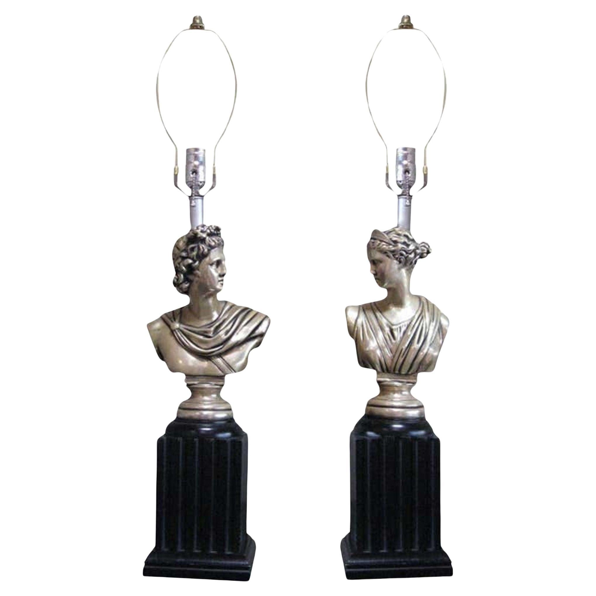 Neoclassical God and Goddess Pillar Table Lamps, Pair