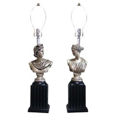 Vintage Neoclassical God and Goddess Pillar Table Lamps, Pair 