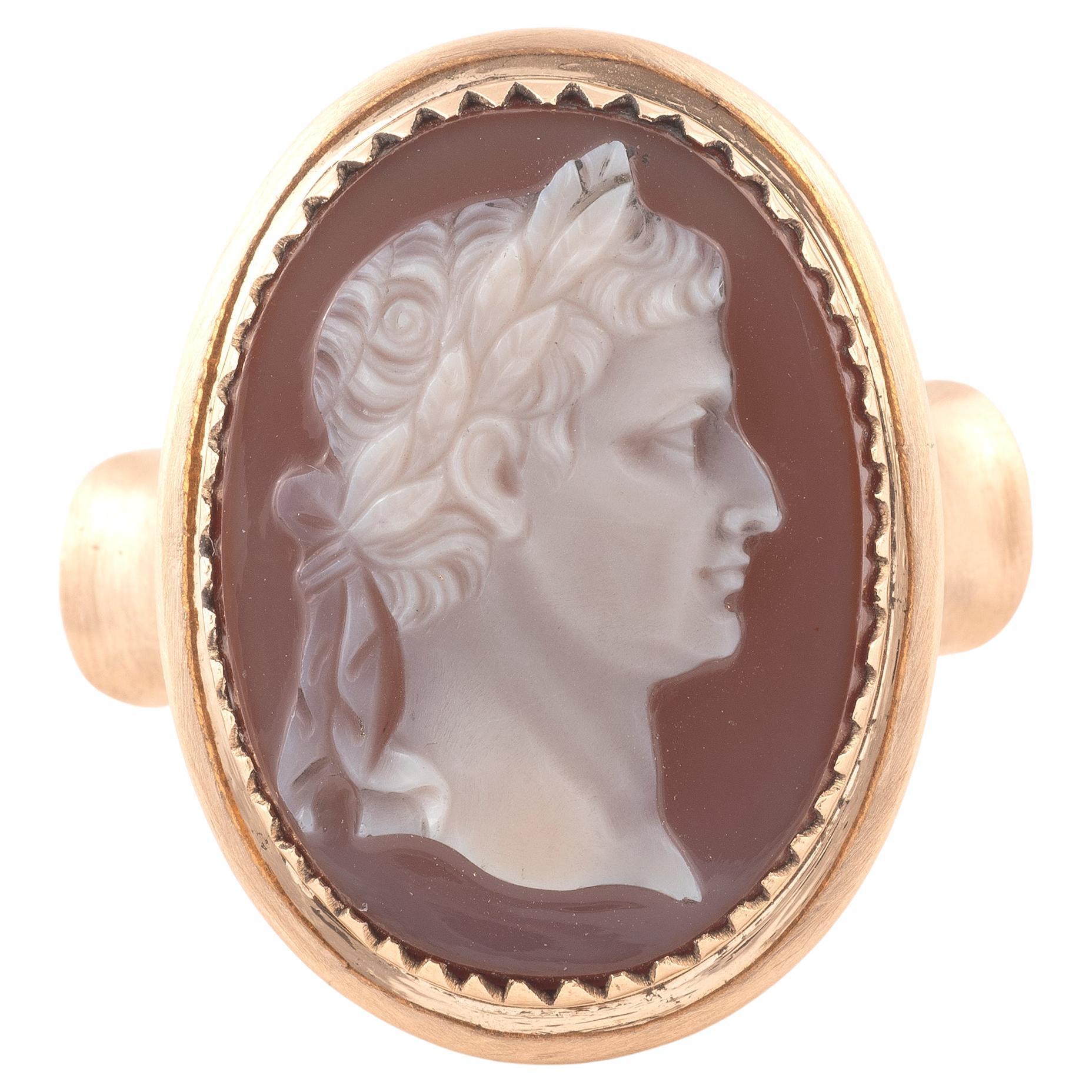 19th Century Gold and Onyx Cameo Portrait of the Emperor Claudius Ring For Sale