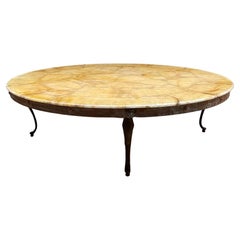 Neoclassical Golden Marbled Onyx Round Coffee Table Sculptural Flared Legs 1950s