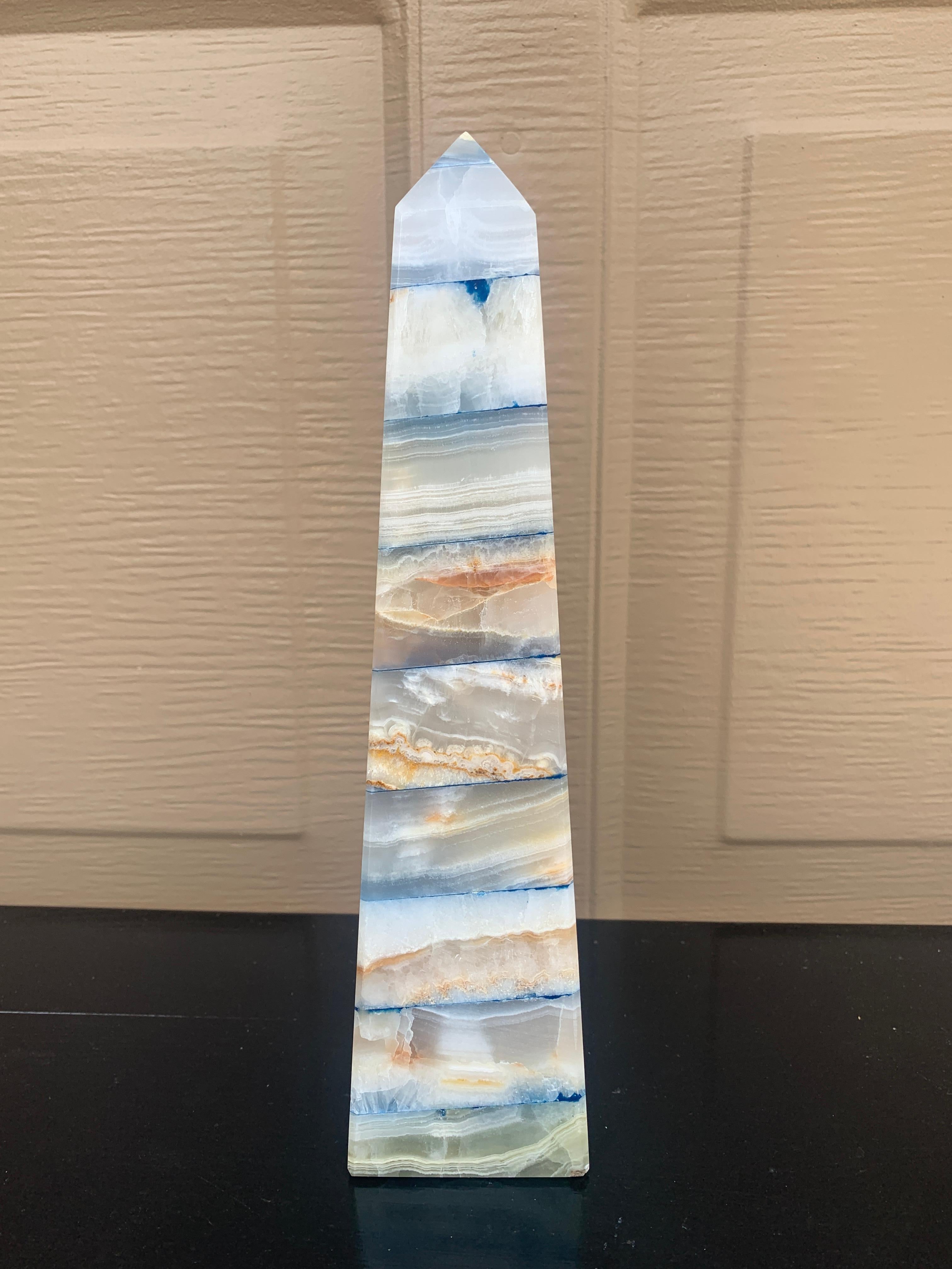 Pakistani Neoclassical Grand Tour Solid Marble Blue, Tan, and White Obelisk For Sale