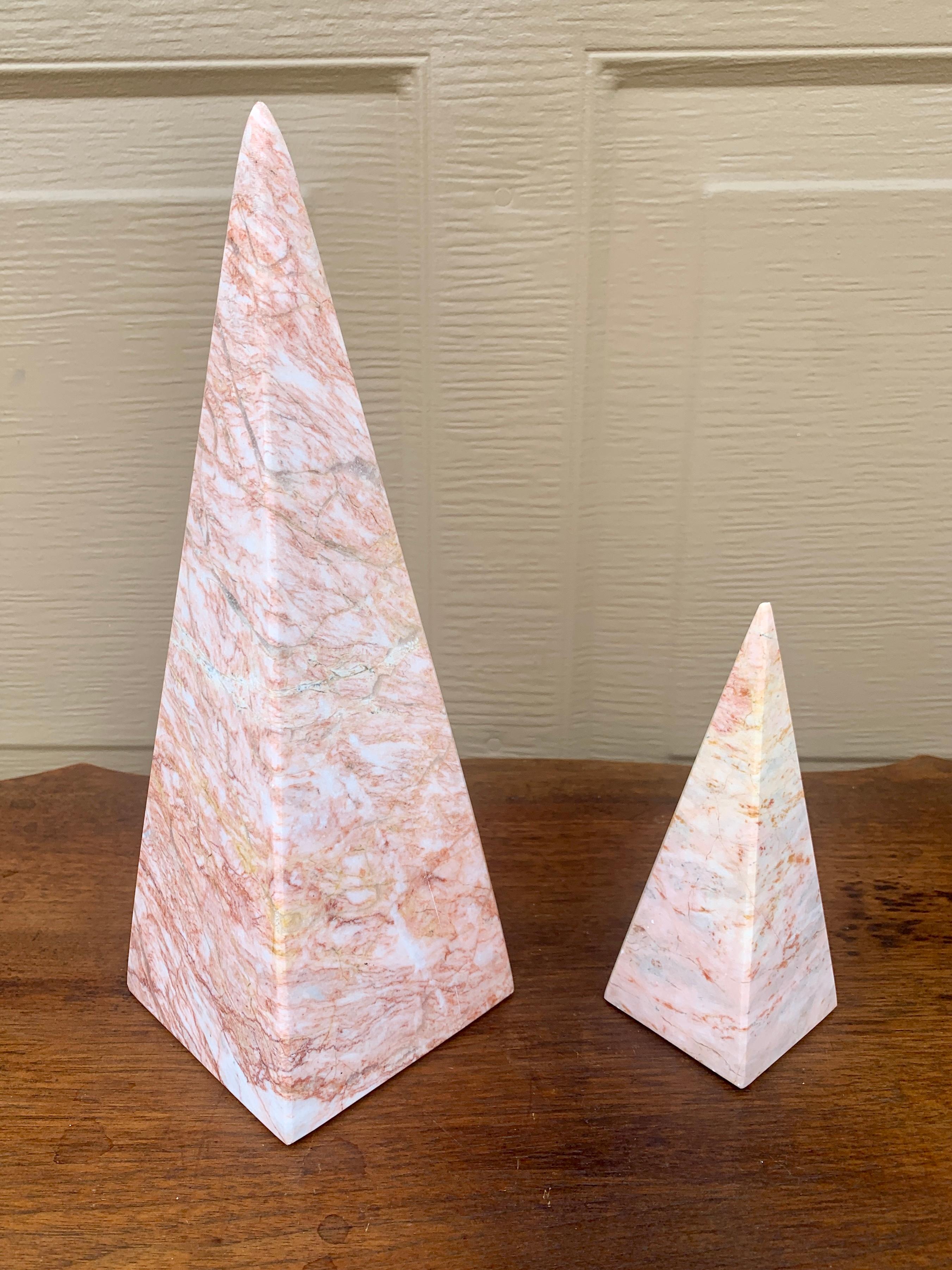 A stunning pair of neoclassical Grand Tour style solid marble pink & cream obelisks

Late 20th Century

Measures: 
Large: 4
