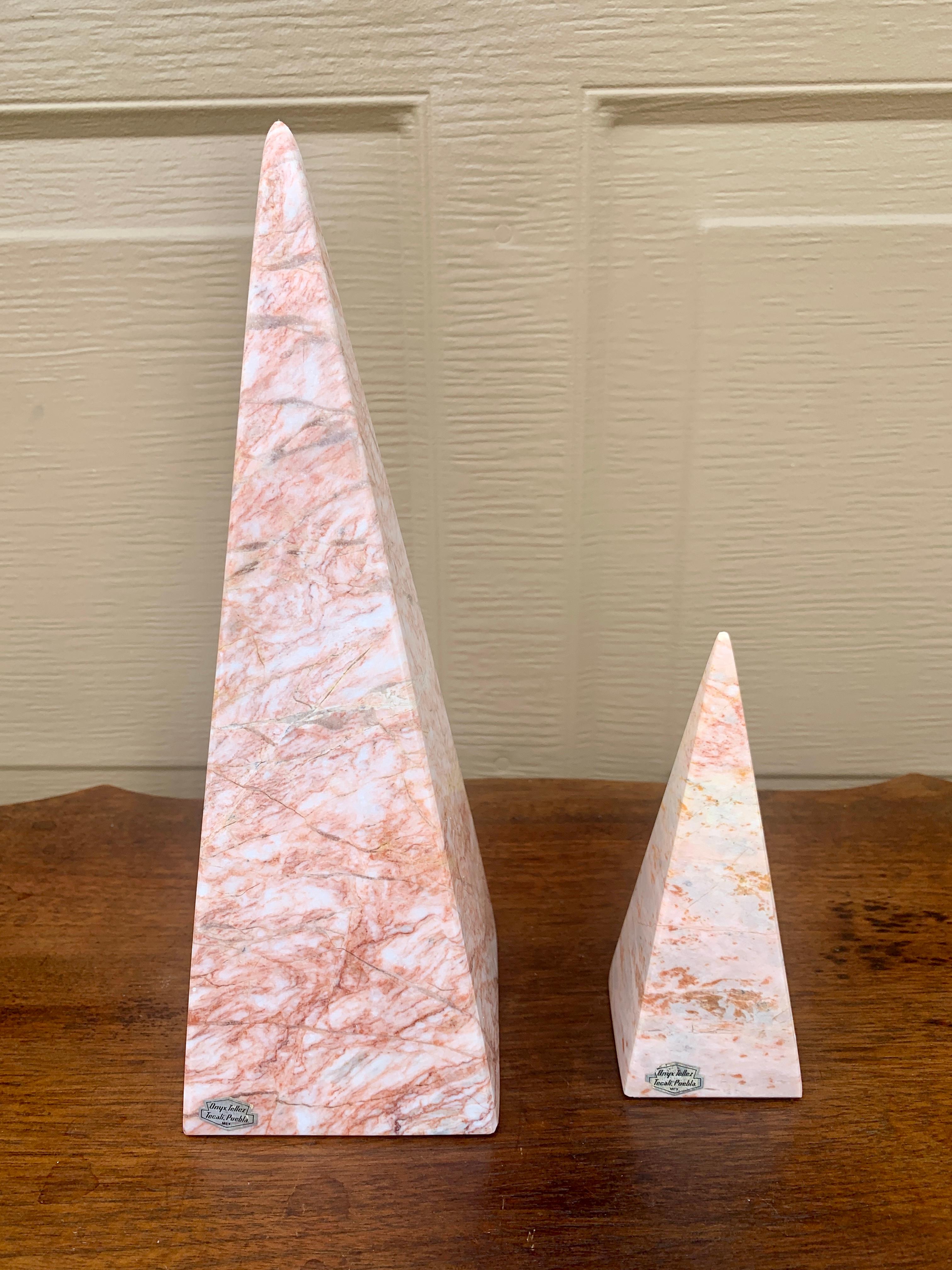 20th Century Neoclassical Grand Tour Solid Marble Pink and Cream Obelisks, a Pair