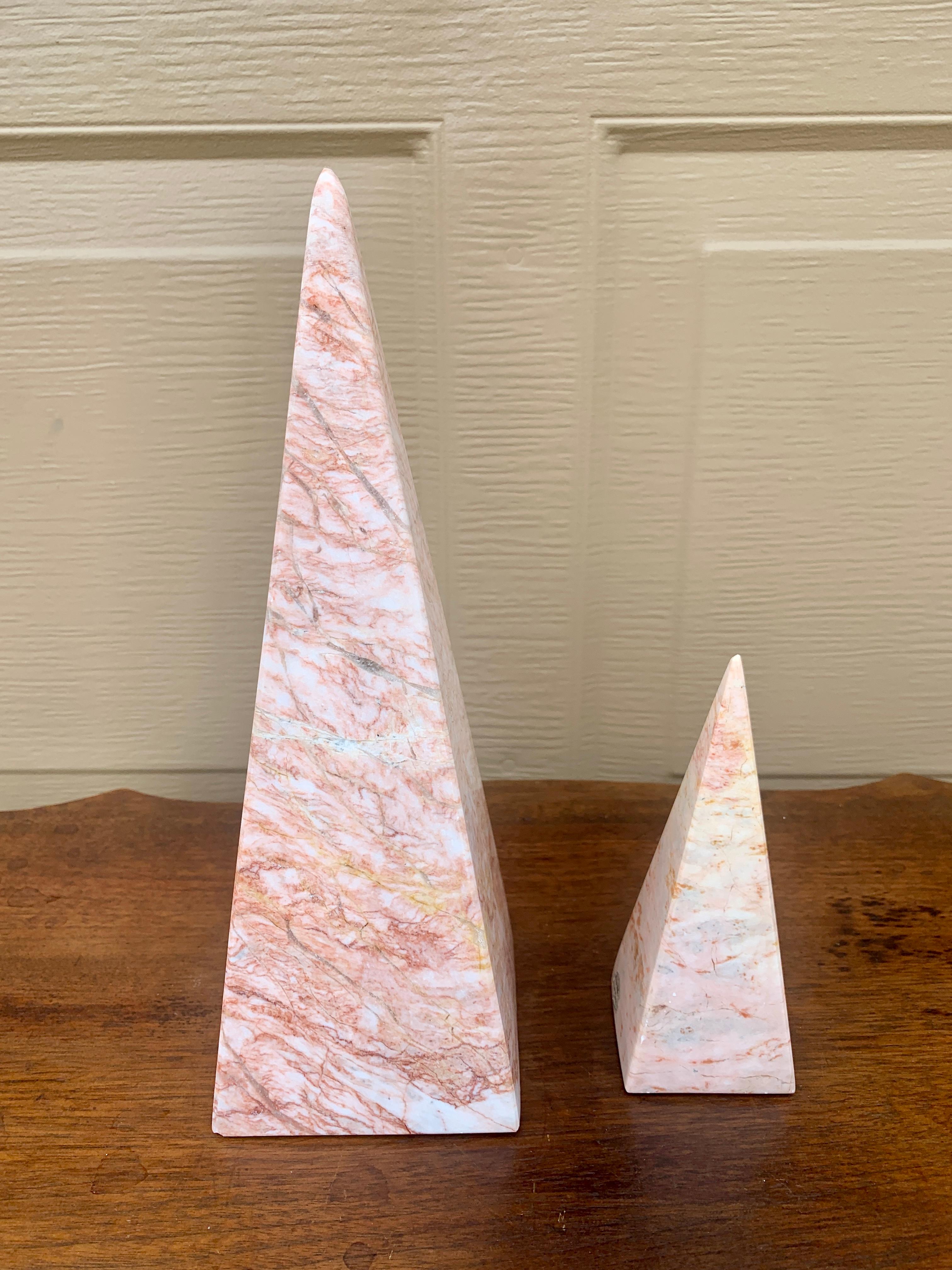 Onyx Neoclassical Grand Tour Solid Marble Pink and Cream Obelisks, a Pair