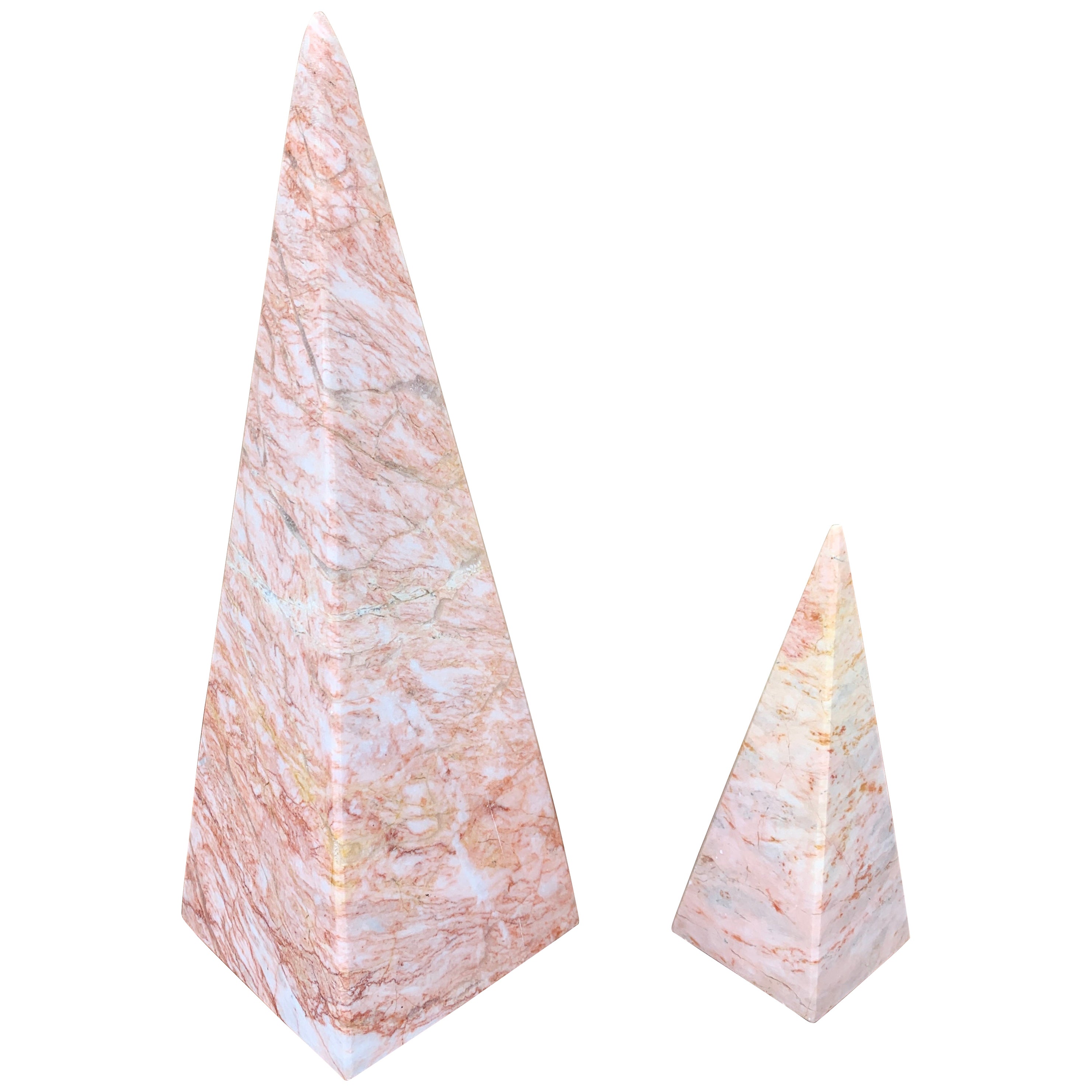 Neoclassical Grand Tour Solid Marble Pink and Cream Obelisks, a Pair