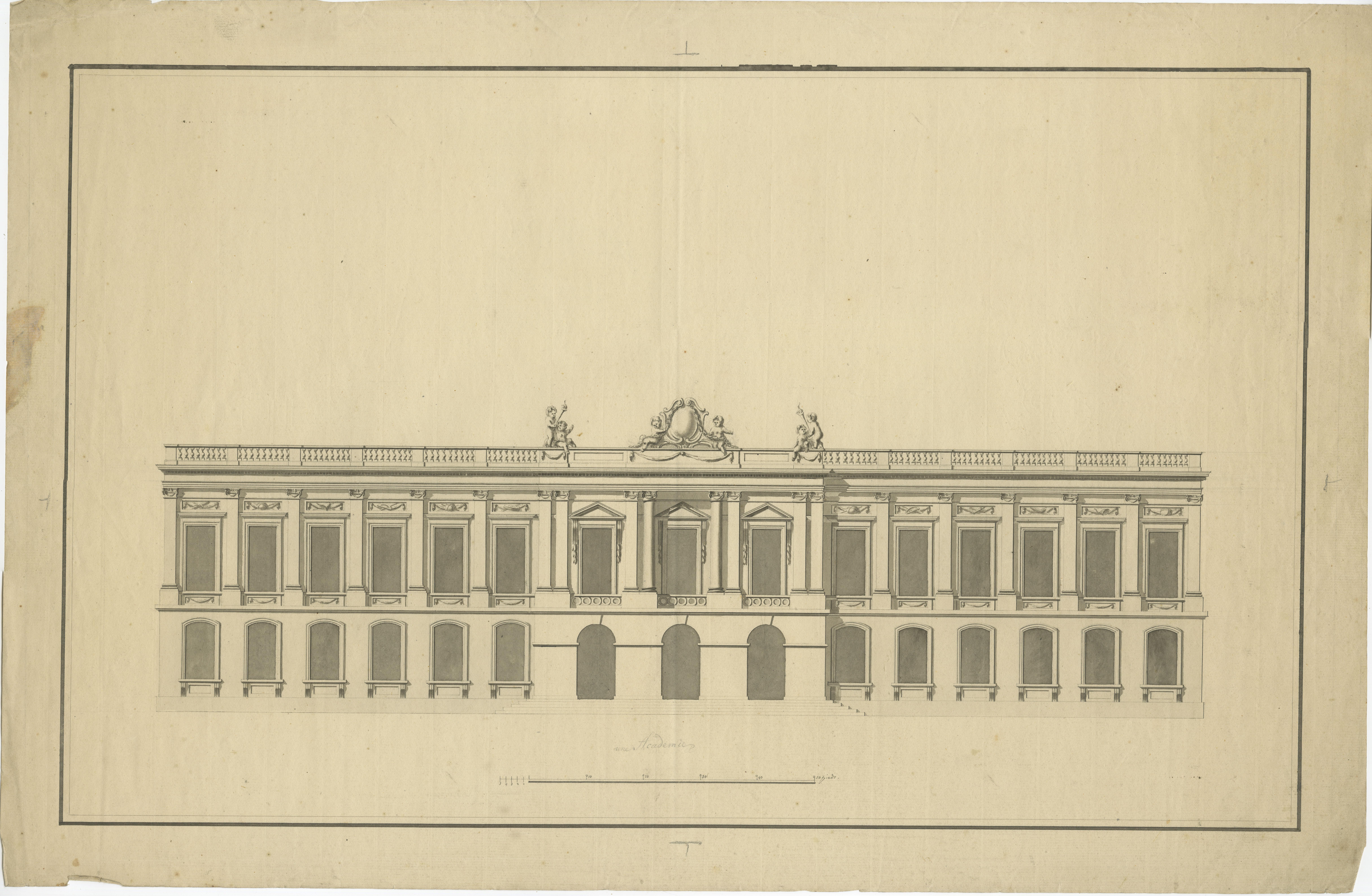 El grabado representa la fachada clásica de un edificio, diseñada con una serie de ventanas y arcos espaciados uniformemente en la planta baja, y ventanas rectangulares en el piso superior. El estilo arquitectónico es neoclásico, caracterizado por