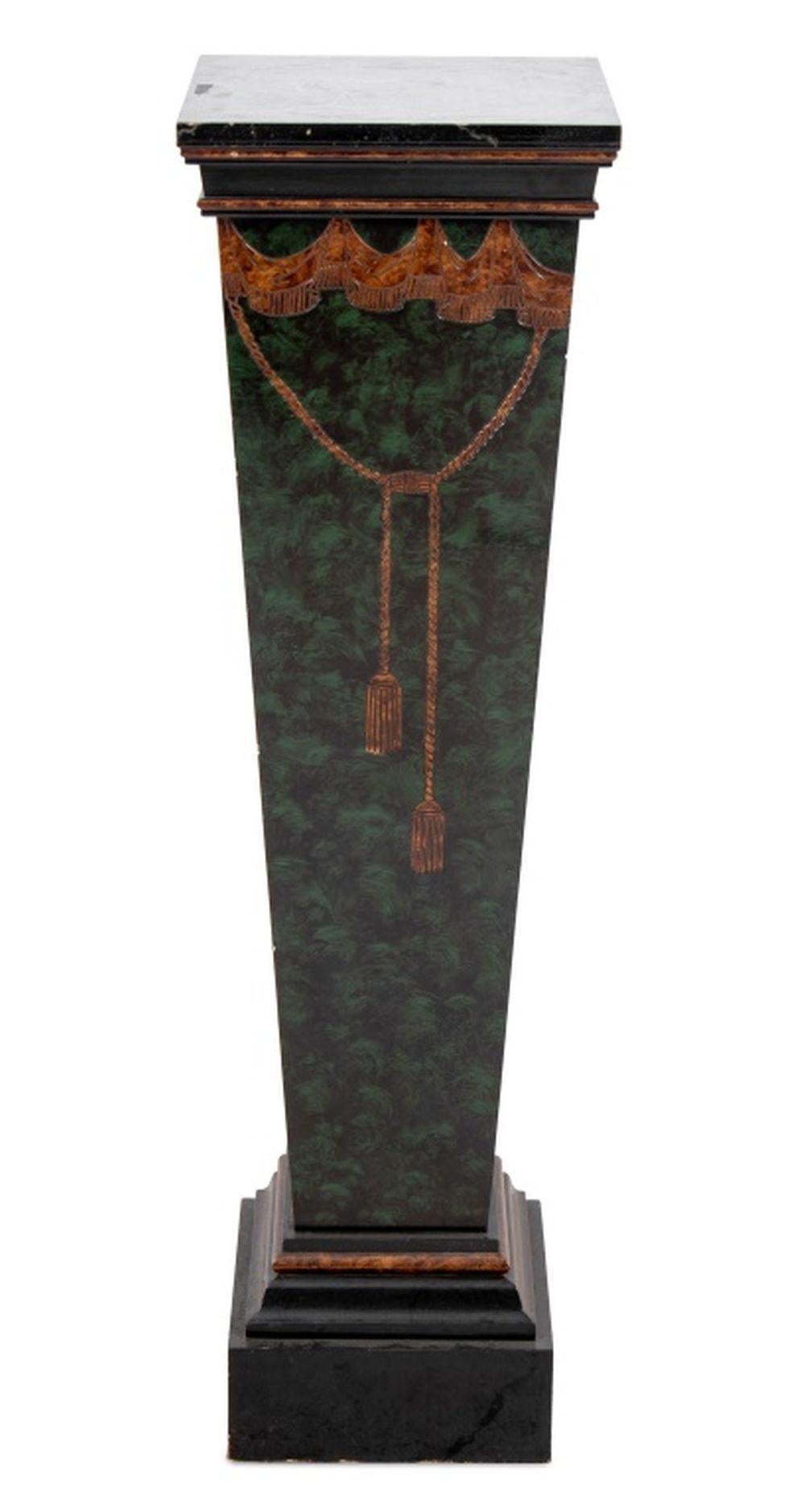 Neoclassical Green Faux Marble Paint-Decorated Pedestal, 20th century, the square top above a tapering column, with incised gold-painted decoration, on an conforming plinth. 42