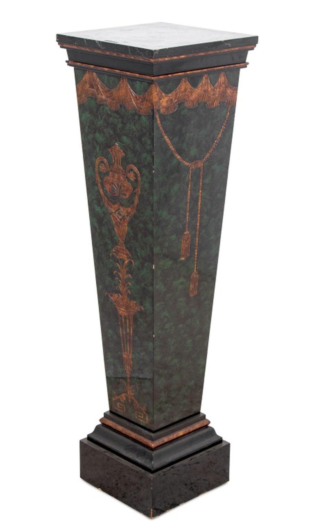 Wood Neoclassical Green Faux Marble Painted Pedestal For Sale