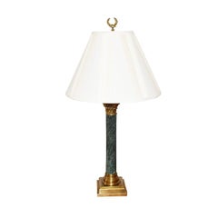Neoclassical Green Marbled Stone Lamp with Brass Details and Cream Pleated Shade