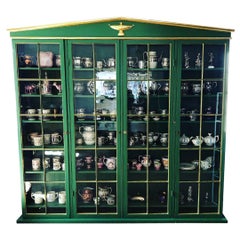 Antique Neoclassical Green Painted and Parcel-Gilt Breakfront Bookcase