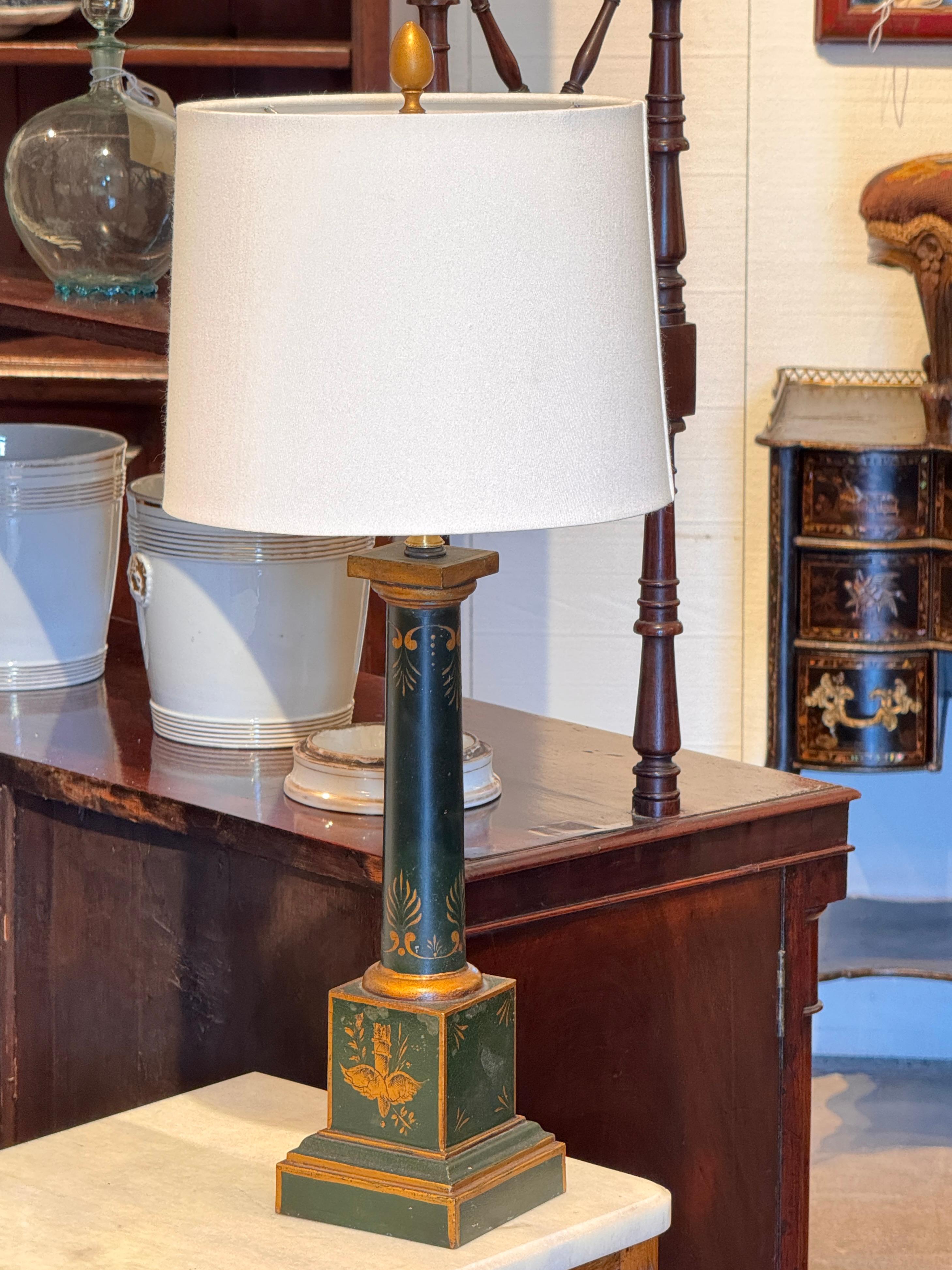 French Neoclassical Green Tole Column Lamp For Sale