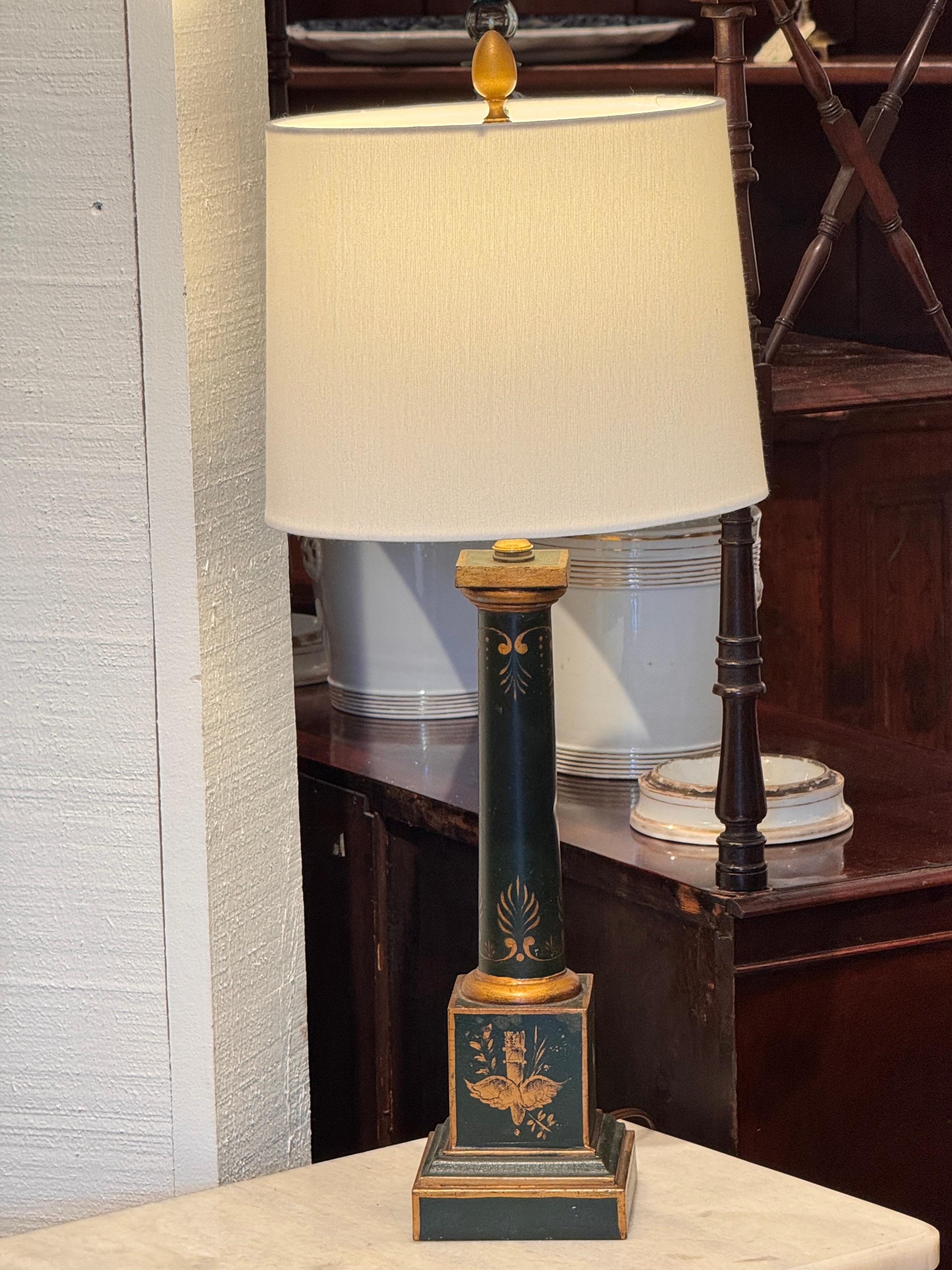 Neoclassical Green Tole Column Lamp In Good Condition For Sale In Charlottesville, VA