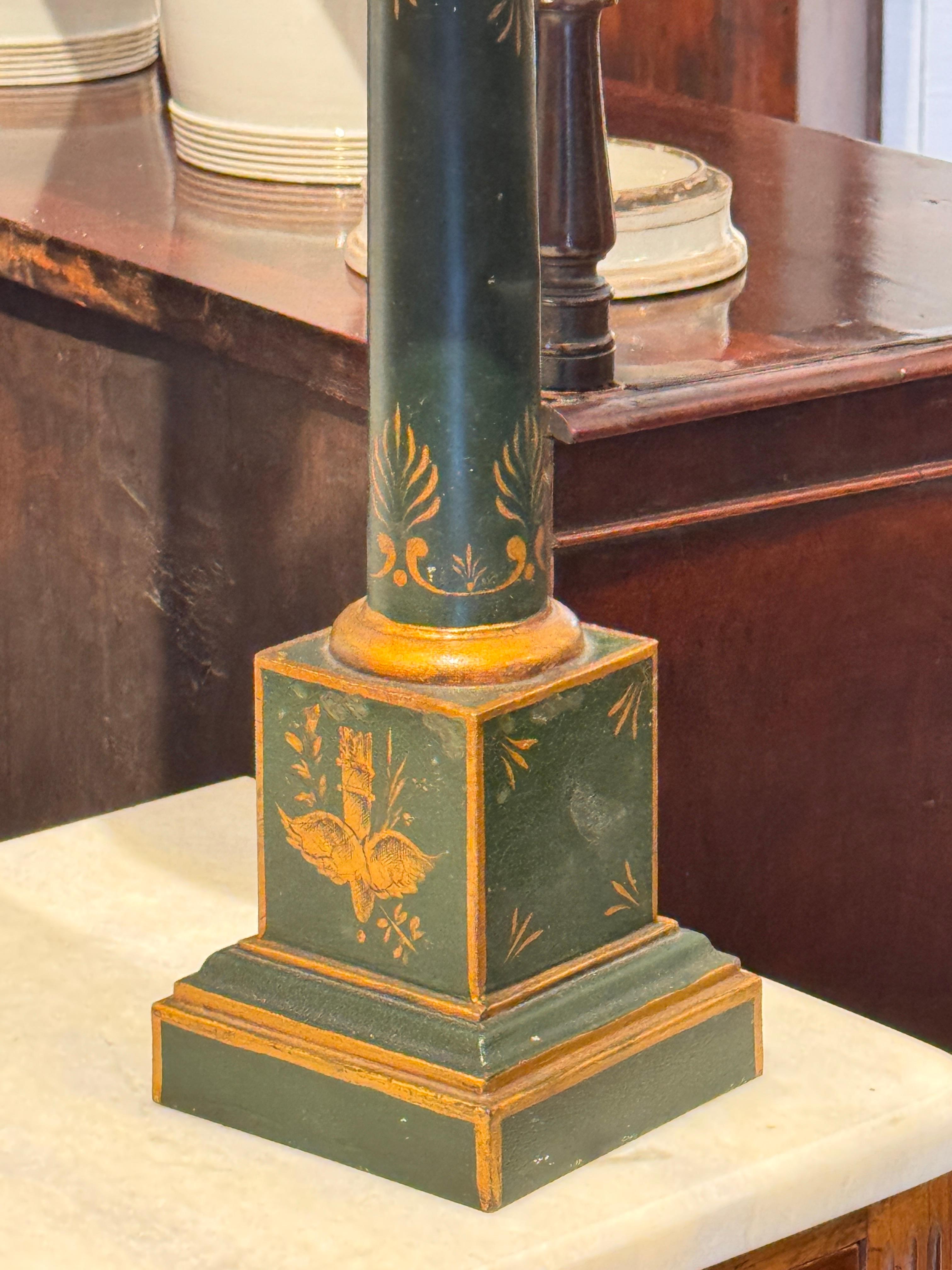 Mid-20th Century Neoclassical Green Tole Column Lamp For Sale