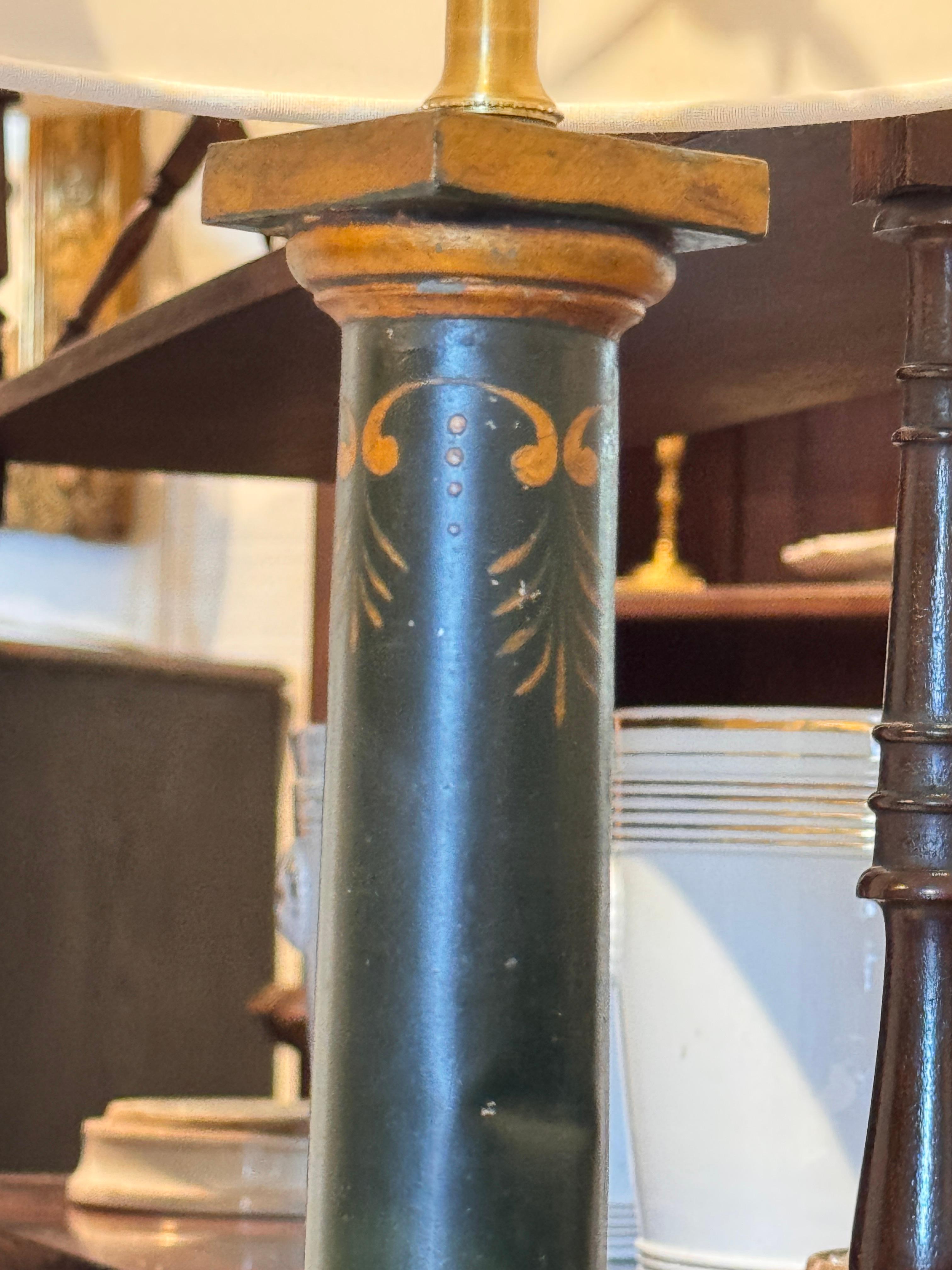 Metal Neoclassical Green Tole Column Lamp For Sale