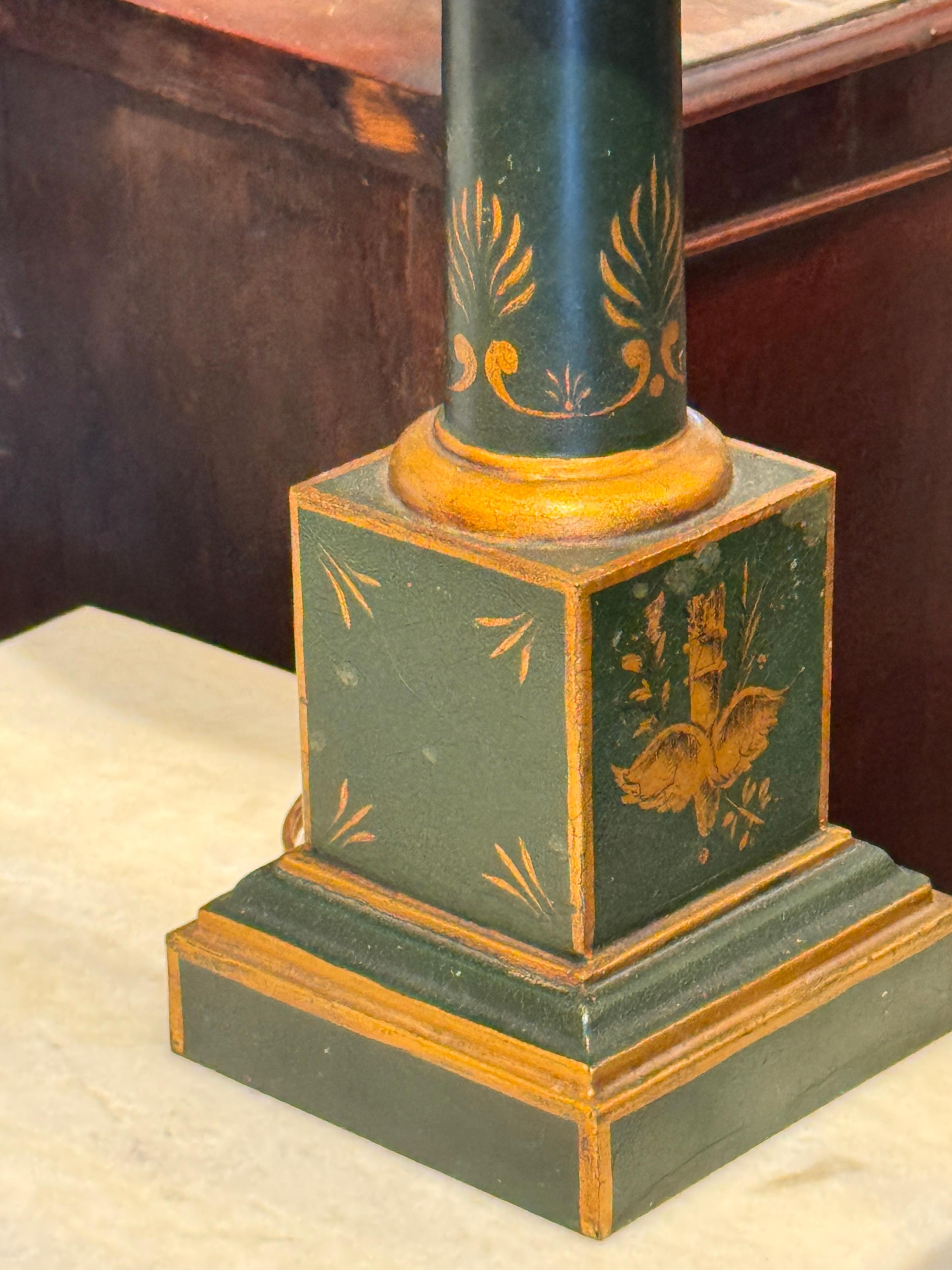Neoclassical Green Tole Column Lamp For Sale 2