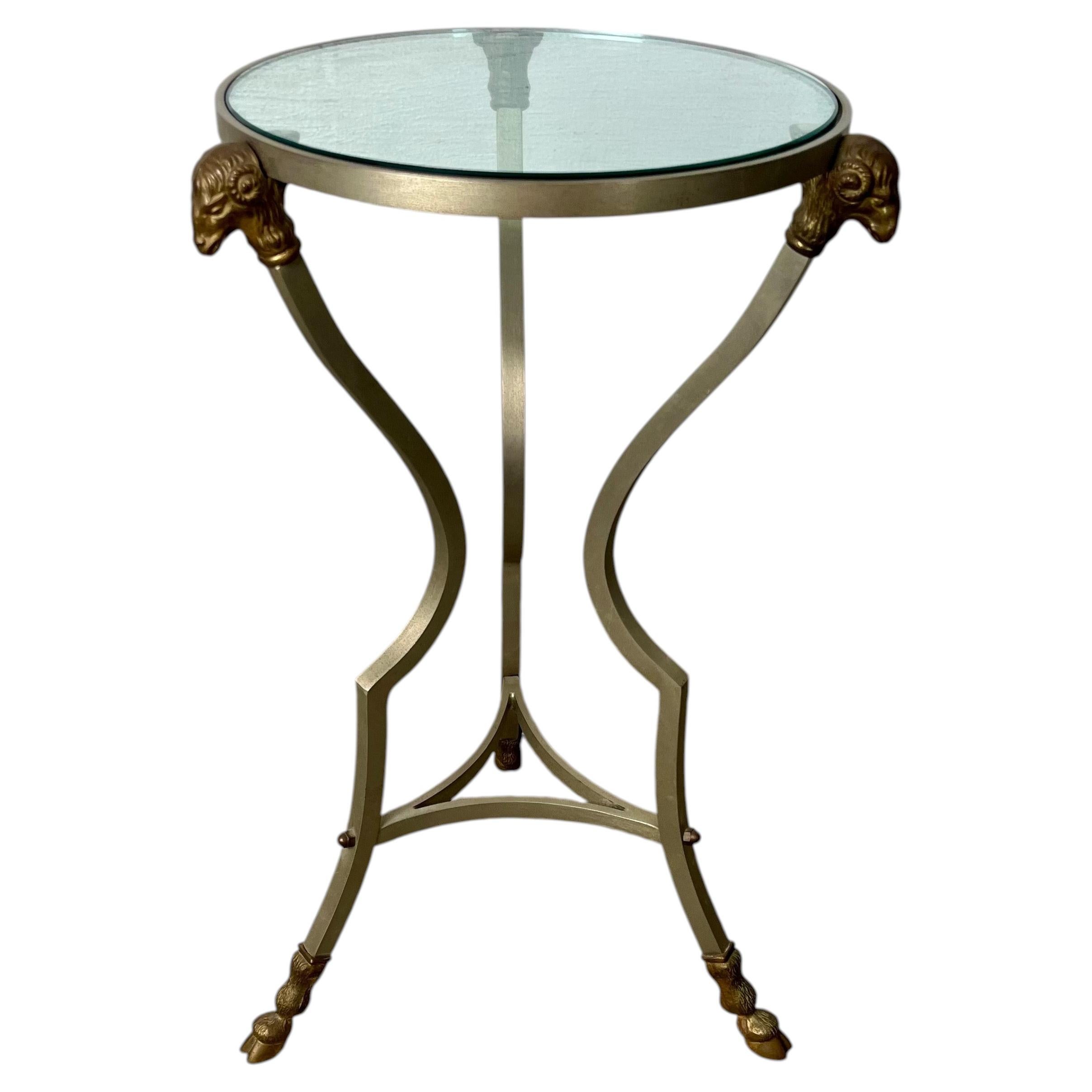 Neoclassical Gueridon Drink Table in Brushed Steel & Brass Maison Jansen Style