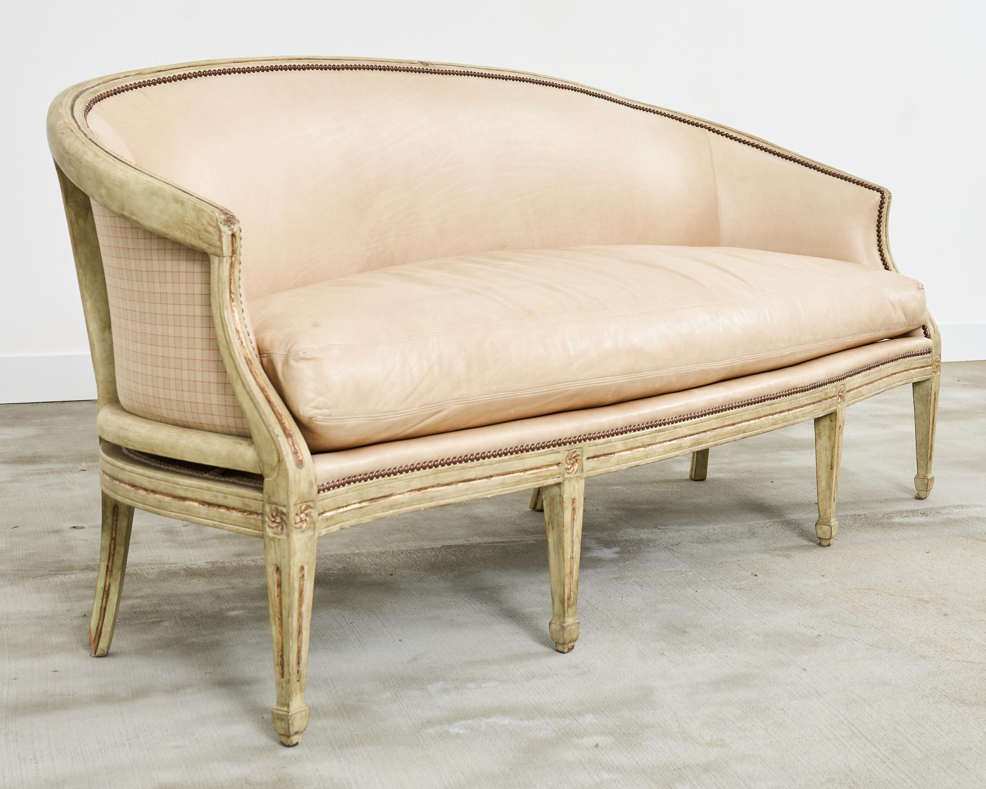 American Neoclassical Gustavian Style Leather Cabriole Sofa Canape