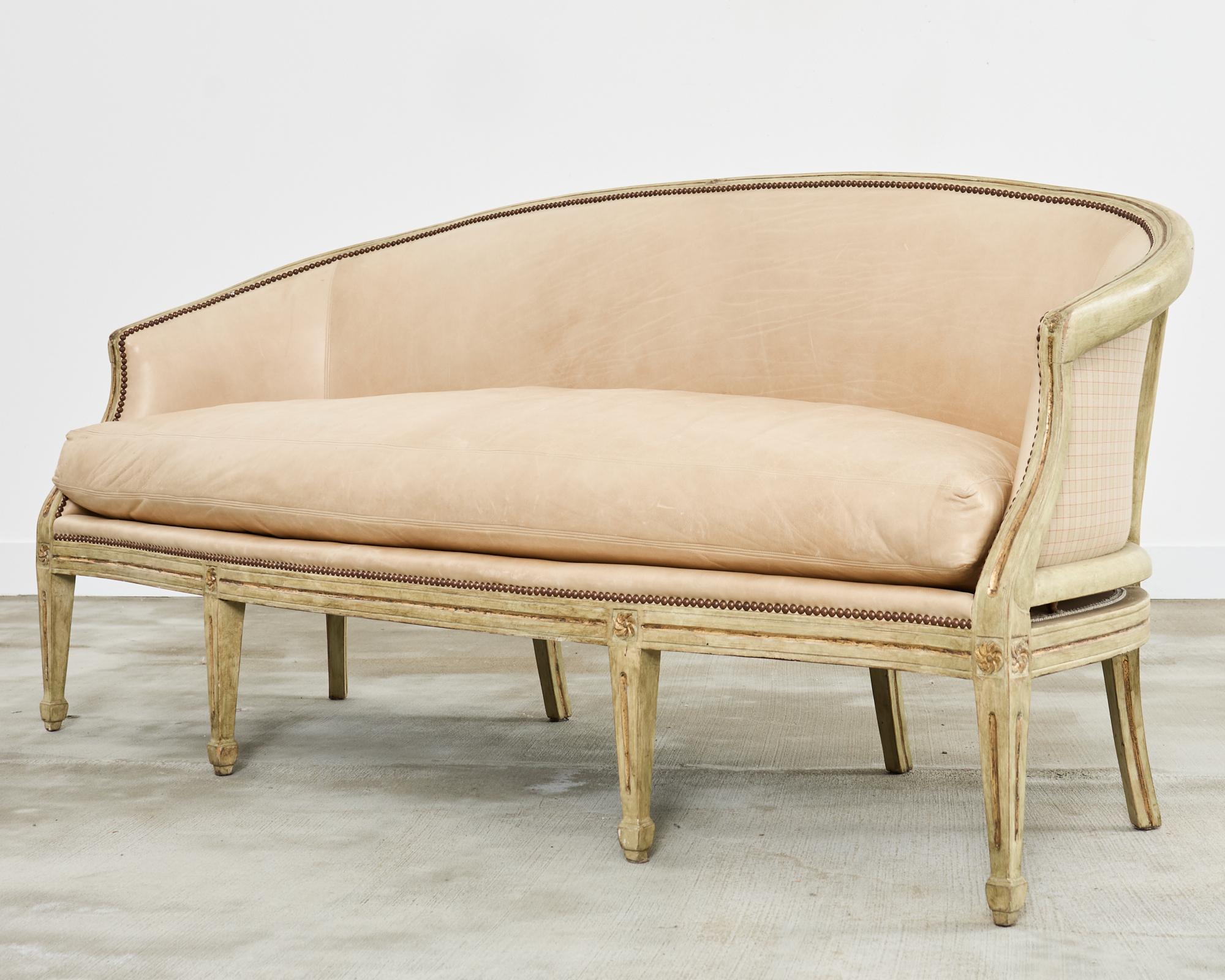 Neoclassical Gustavian Style Leather Cabriole Sofa Canape In Distressed Condition In Rio Vista, CA